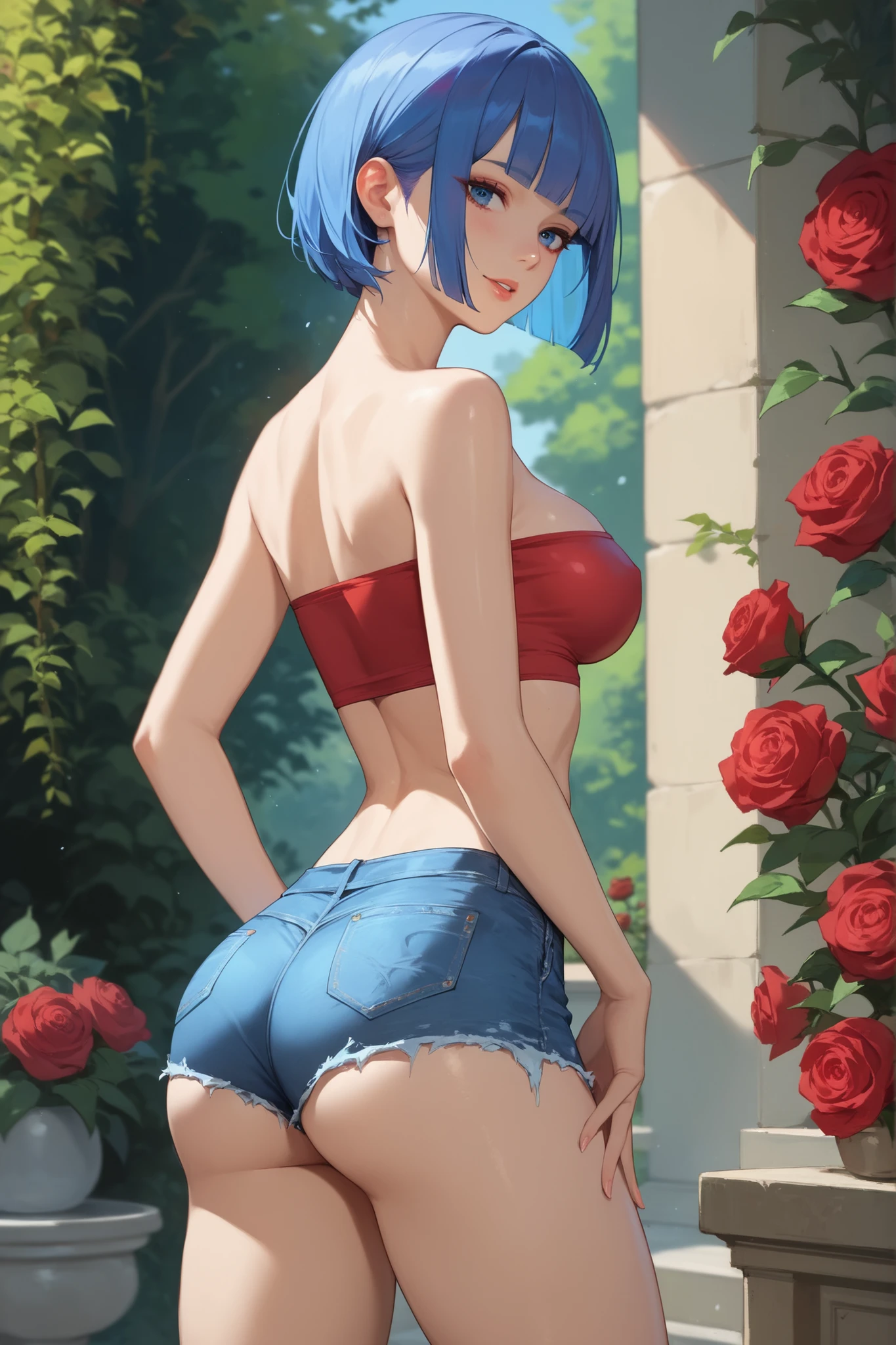 score_9, score_8_up, score_7_up,
1girl, blue eyes, in a garden of red roses, short hair in blunt bangs, small tube top cropped denim shorts, showing off her tight bubble butt, large flat breasts