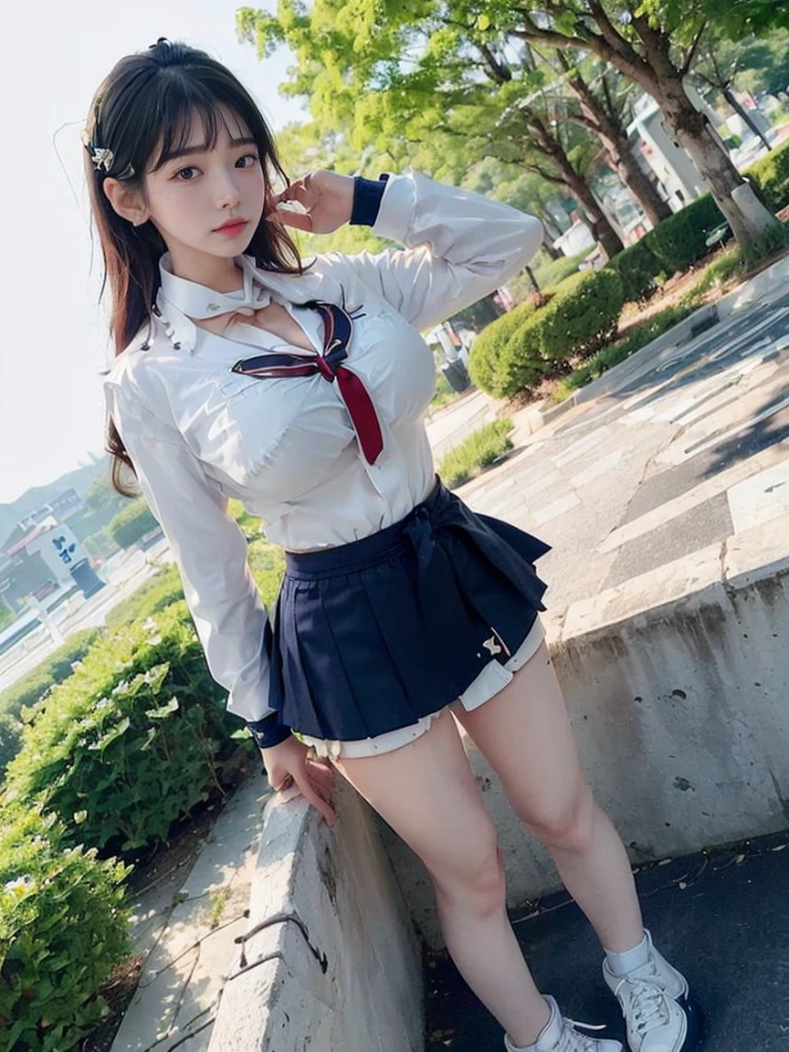 Girl with black long hair, eyes clear, upper body is in uniform, lower body is undressed, lower body is undressed, legs spread at the top of the mountain