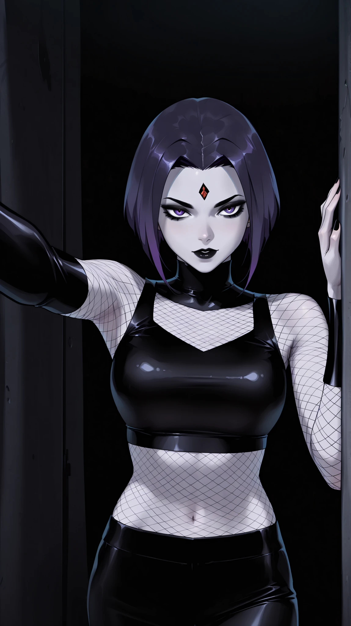 masterpiece, best quality, amazing quality, newest, very aesthetic, 1girl, an intense, evocative portrait from ( titans) art-style,raven from \( titans\),gothic,black gym short tanktop,black gym pants,fishnet clothing,black lips,black eyeshadow,an arrogant look,dead eyes,one hand on the wall,pov,black background