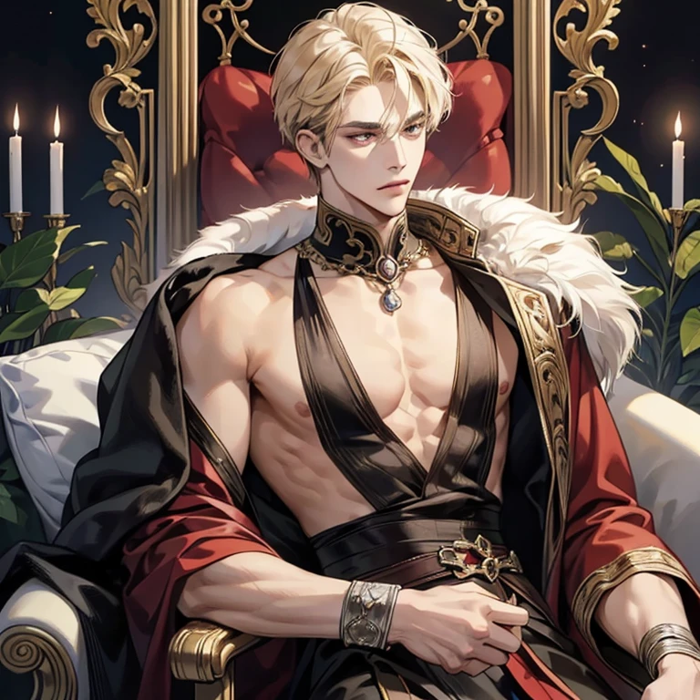 (masterpiece, highest quality), Best quality,a man with pale blond hair and snow white skin is sitting on a throne in a empty throne room the man has blue eyes and is wearing a red robe the man is slightly muscular but mostly skinny the man is sitting on the throne a hint of sunlight touches his face seeing only a glimmer of his beauty the man sits on the throne with a elegant yet bored expression the man is resting his head on his hand in a dominant position,the man his wearing a goldenCrown on his head, the man is 22 years old 