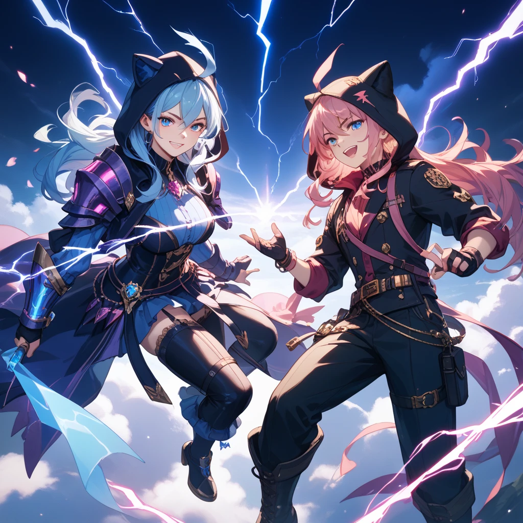 (a girl in a fight scene with a tall man) tall man, gray hair, purple eyes, intense look, muscular build, fierce expressions, dynamic poses, martial arts skills, agile movements, raining in the background, dramatic clouds, lightning flashing, smoke and dust filling the air, intense battle atmosphere, intense purple and blue lights illuminating the scene, powerful energy emanating from their bodies, sparks and electric effects, flying debris and shattered surroundings, high-speed action, dynamic composition, fast-paced combat, high-contrast lighting, vibrant colors, anime-style rendering, detailed facial features and expressions, streaming hair, epic showdown between the two fighters, heightened sense of tension and anticipation, mesmerizing visual effects, dynamic camera angles, explosive clash between their powers, decisive moments captured in the artwork, dynamic narrative storytelling, visually stunning and immersive fight scene. (best quality, 4k, highres), (anime, action, intense)