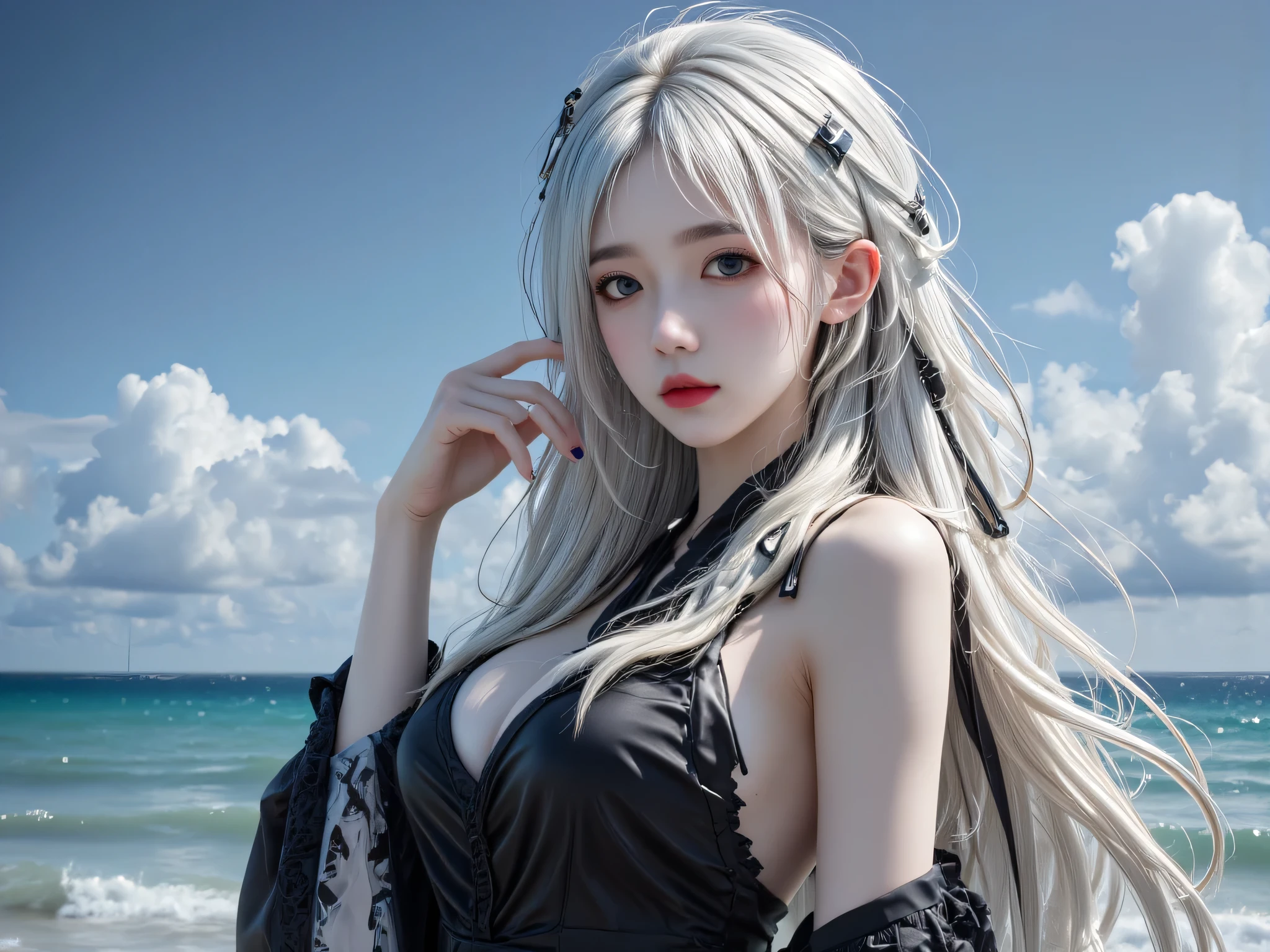 (Best quality at best:1.4), (tmasterpiece:1.2), (Complicated details), (8K), glamour shot of girl, (sexuell, 's:1.2), Advanced background, dramatic lights, NSFW,
1个Giant Breast Girl, Alone, pale-skinned, Perfect and delicate face, Perfect details eyes women), (Glossy glossy skin), (, droopy shoulders, of arms, Flesh, cparted lips, (Sparkling Clothearia-tr, White hair, High-leg thong, Masochism, Big breasts corset, Peaked hat,