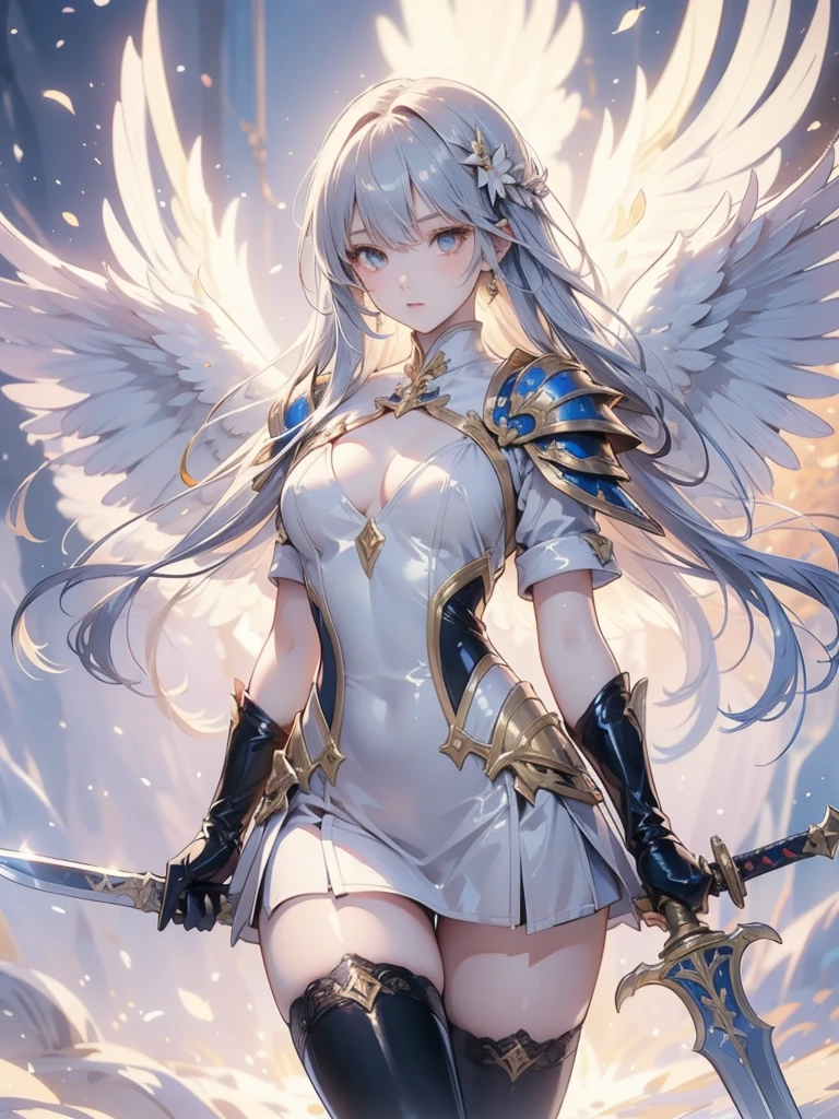 fantasy, 1angel_girl,very_young_teen, ,silver_hair, short_hair, long_bangs, halo,bare_shoulder,thighhighs,silver_armor, waist_armor, large_breasts,half_eyes,1pair_wings, dynamic_pose_fighting,floating, bare_crotch, headgear,gauntlet, greaves,city_background,slightly_spread_legs, solo, groin_naked,tan_skin,hair_over_one_eye,