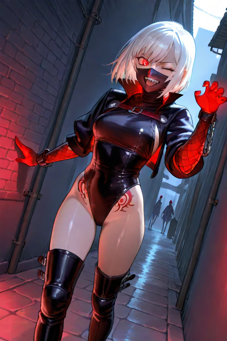 "An anime girl with red skin, blue eyes and long messy white hair, accompanied by black demonic wings, a demonic tail, and black demonic horns. The artwork should have the best quality, high resolution, and vibrant colors. Nude red skin