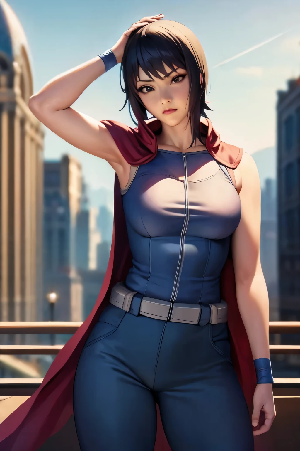 Masterpiece, stunning realistic, best quality,shizune, as a female superhero, wearing sleeveless superhero costume, long pants superhero costume, and a cape, in the middle of a city