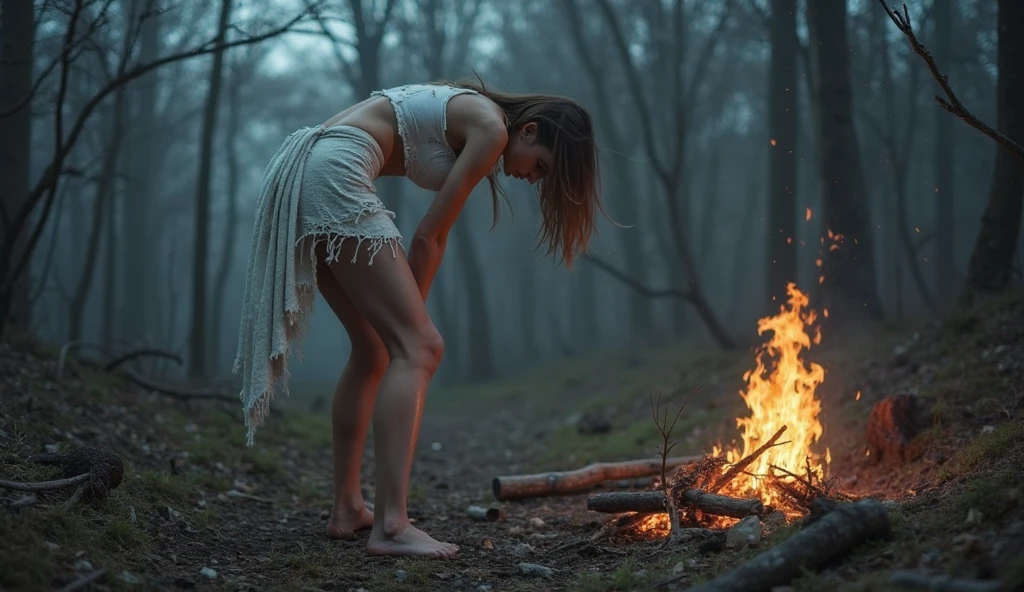 A large bonfire in the middle of a forest at night with a woman dancing sensually in front of the fire. The photo is dark, showing only the bonfire, smoke, and sparks. The woman's body is visible only by its outline. The image is in a vertical format, with a fisheye lens effect like a GoPro, framing more of the woman, with the camera positioned lower, close to the ground. The objects in the scene are closer to the viewer, providing a more detailed view of the bonfire and the woman's silhouette. The woman's pose is graceful and elegant, adding a sense of allure to the scene. The image is rotated 90 degrees
