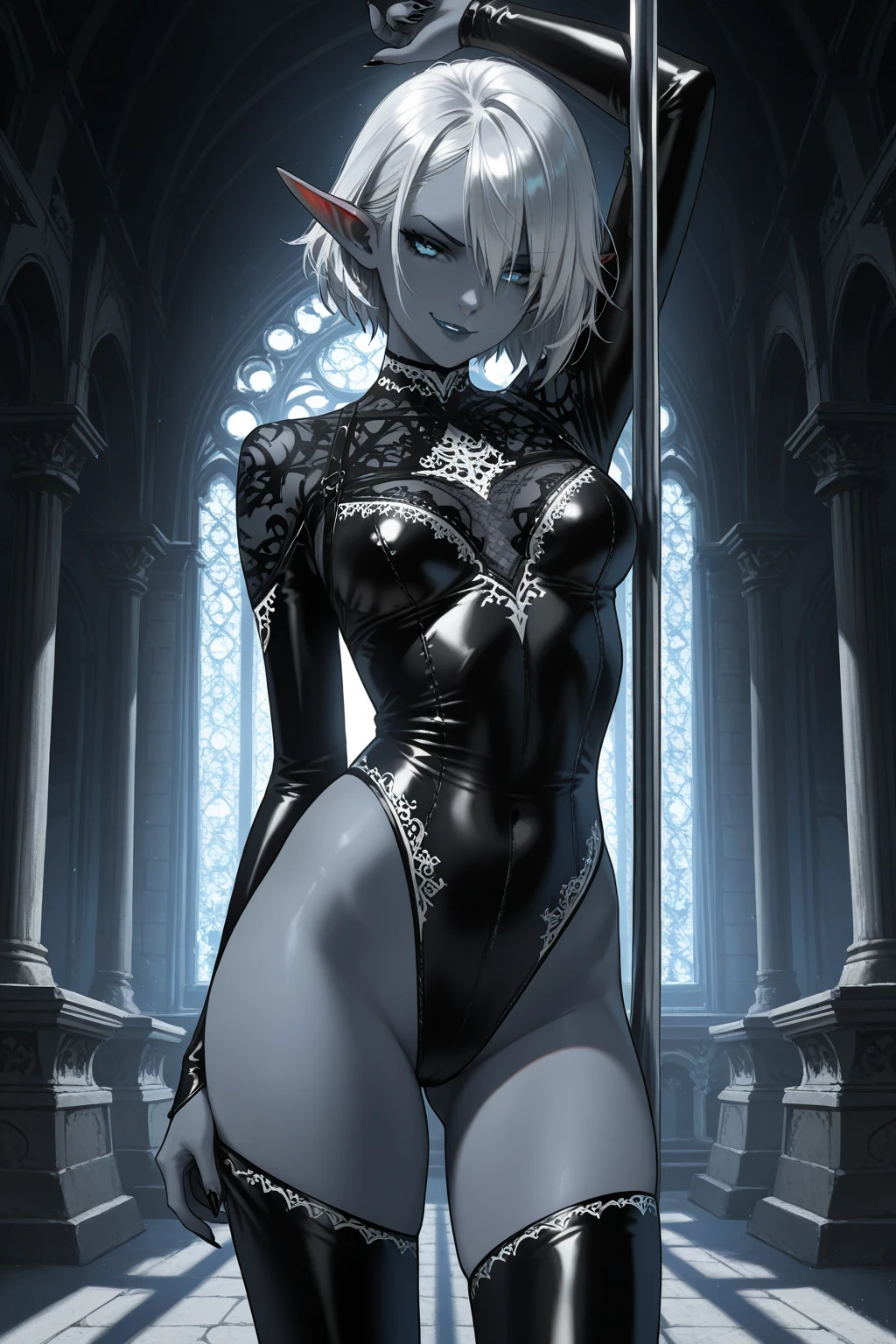 masterpiece, best quality, highres, hm2b, light blue eyes, mole under mouth, clothing cutout, long sleeves, puffy sleeves, juliet sleeves, feather trim, black thigh-highs, black gloves, covered navel, (white_leotard:1.2), indoors, factory, standing, cowboy shot