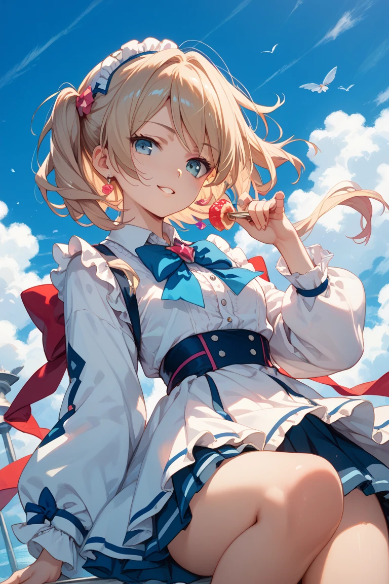man, white medium long hair, blue eyes, , sitting on a cloud, 8k