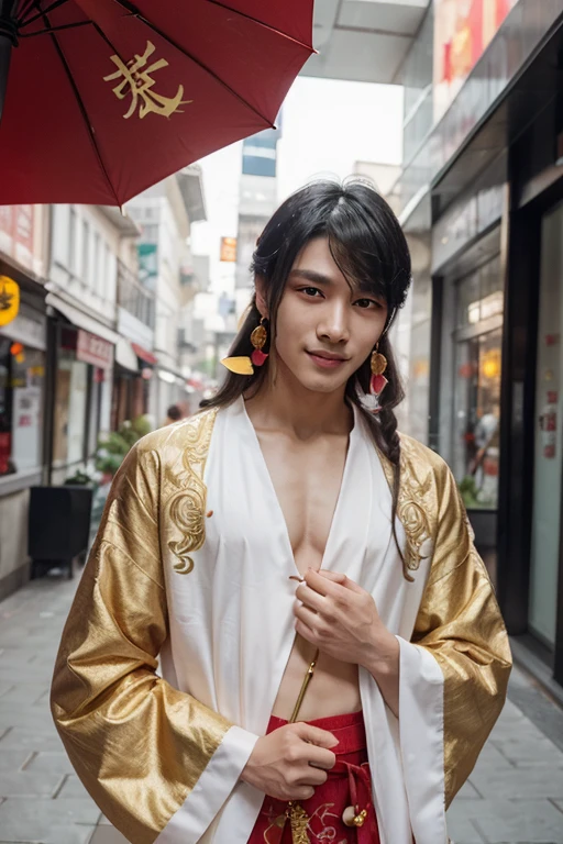 Korean retro movies, teenage boy in ancient Seoul city,wearing an Korean prince traditional hat, gold underwear loincloth, nude body, multiple necklace, ancient Korean people in background,