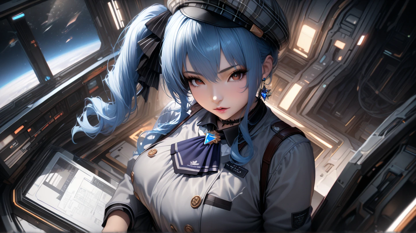 (ultra realistic,32k,RAW photo:1.1),(high detailed skin:1.1), 8k uhd, dslr, high quality, film grain, (makeup, mascara:1.1), lips,(thick\lips\),
(shiny glossy translucent clothing:1.1), <lora:izumiohishi01:0.7>izumiohishi01,black vest,beret,short sleeves,plaid skirt,green hair, <lora:add_detail:0.82>, (huge breast:1.1), (upper body:1.1),
taking a selfie with one hand,
(busty:1.1) , (chubby:0.1),(radiant:1.1), <lora:LowRA:0.4>, dark theme orbital solar power station, clean energy generation, space-based infrastructure, sustainable future
