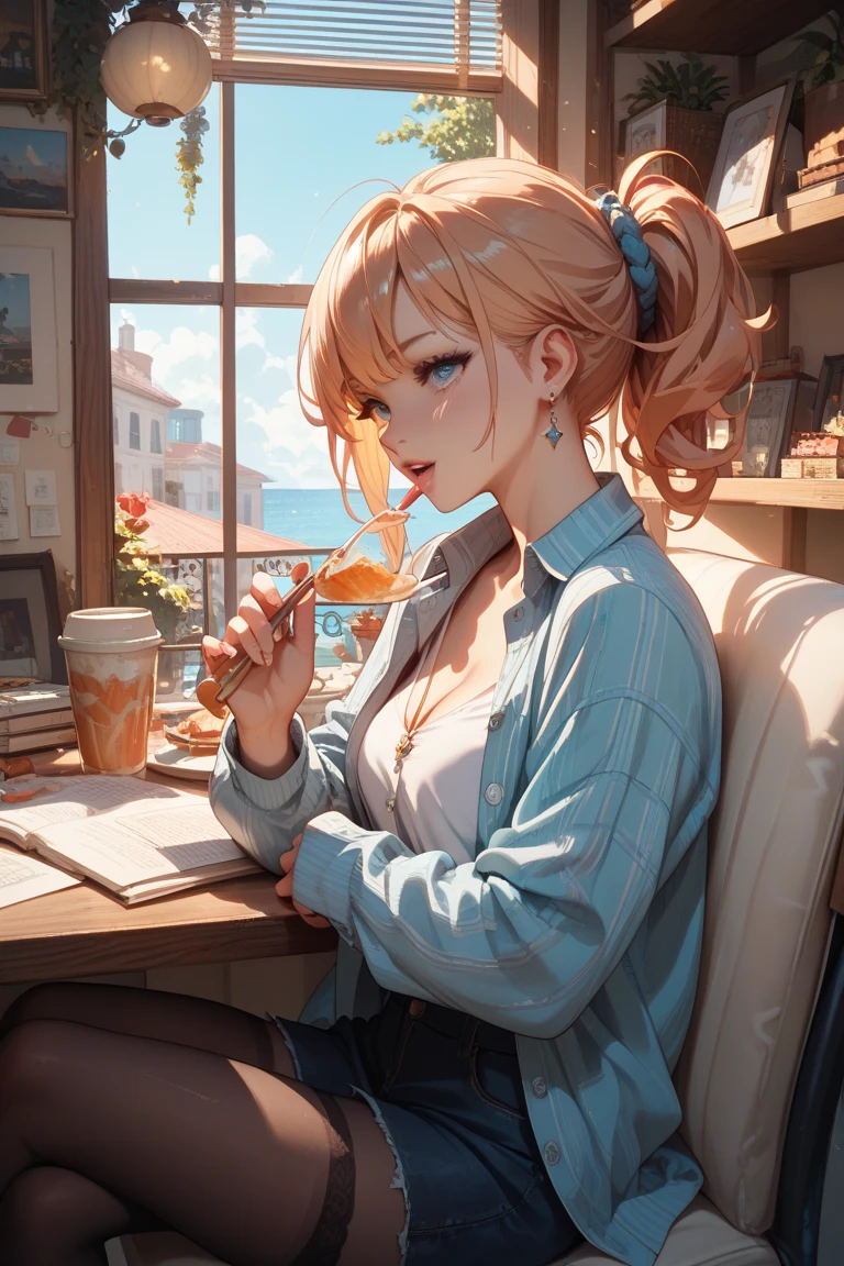 (masterpiece, best quality:1.2), solo, Android 18 from Dragon Ball, ((white slip-on crop top)), ((black dolphin shorts)), (light gray hooded crop jacket), thighs, midriff, small breasts, sweat, blonde hair, (single hair bun), ((blue eyes)), earrings on earlobes, slender feminine figure, narrow waistline, skinny body, long legs, studying, rain, sweating, cleavage, off shoulder, magnificent view, blur background, 4K, light blush, breath, gray new balance sneakers, indoors, chill, cafe, desk, hot coffee,