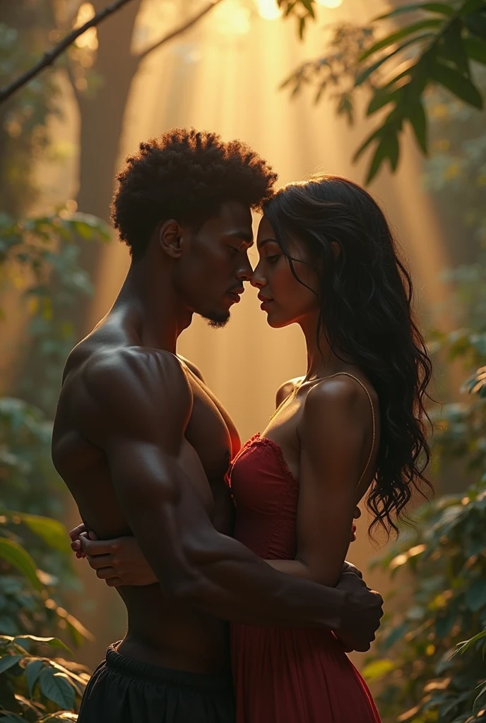 A naked girl with brown hair, huge boobs and butt stroking a black man's penis in the nighttime near a campfire