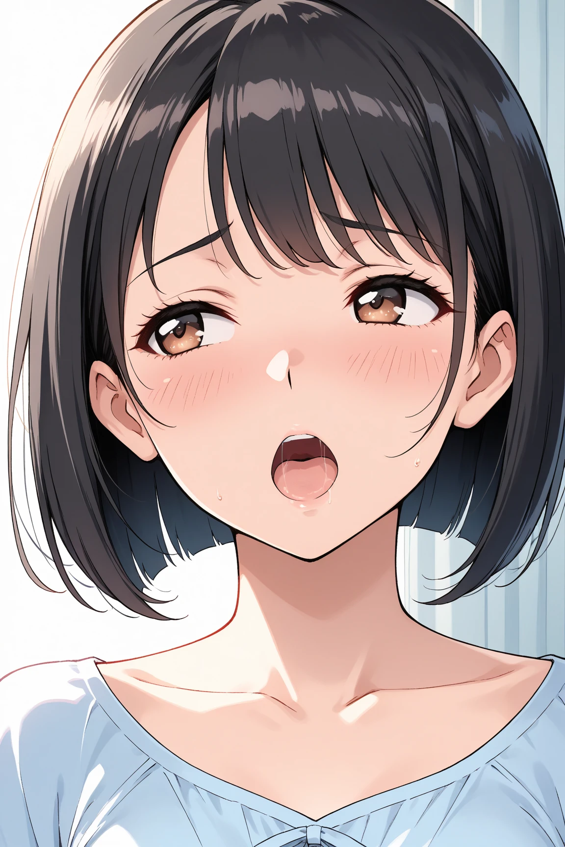 Anime style,Front view,face focus,looking away,torogao,collarbone,small breast,BLACK HAIR SHORT BOB,brown eyes, Beautiful adult women,digital art