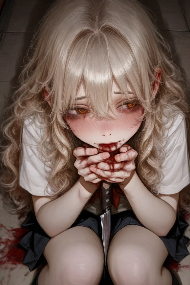 masterpiece, Highest quality, View from above, One girl, ((naked)), ((pale_skin)), ((In a sensual pose crawling on the floor))、(A body covered in filth)、Sharp teeth, Horror, Messy Hair, look up, Makeup running down,, Horror, Devilish Laugh, spooky, Broken black piemas, , Kneel on the floor, Wooden chamber, (血まみれの奇妙なspookyサイン, Wounded), ((Blood splattered on the floor)), darkness, Cruelty, Low Light, Ultra-detailed, expensive_resolution