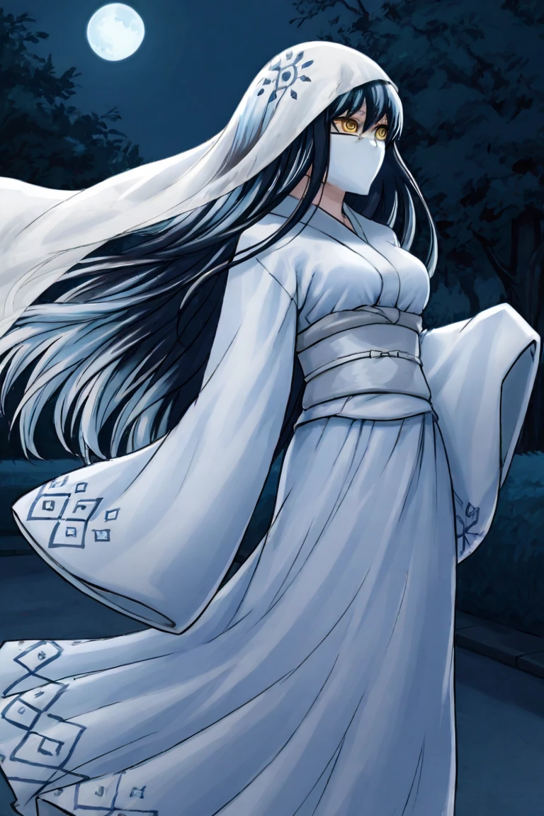 (aesthetic,mysterious) muzan girl,Dark ethereal atmosphere,Anime style,dream-like,glowing eyes,pale skin,loose black hair,Blue butterfly,Moon Garden,Enchanted pose,Colorful kimono,moon light, shining through the trees,soft petals falling,breath taking beautiful,thin smile,roof silhouette,ethereal glow,calm expression on his face,delicate features,Serene aura,Timeless elegance,bright colours,dark fantasy atmosphere,magic atmosphere,Radiant moonlight,whispering winds,fantasy world ,Feminine grace,glowing darkness,A lonely figure,starry night sky, ethereal flowers,peace in the dark,shimmering mystery,unearthly charm