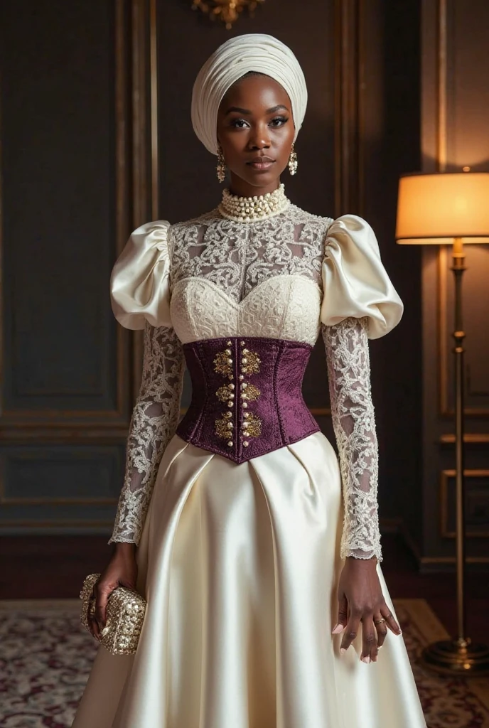 (medium full shot) of (enchanting harlot) young woman, south african, dark skin, light brown eyes, slim build, long brown bob hair, wearing a gold polonaise dress, fishnet stockings, buckled shoes, diamond earrings, rosy cheeks, embroidered shawl, set in the 18th century, in grand Ballroom, filled with chandeliers, large mirrors reflecting the light, elegantly dressed couples dancing, a live orchestra playing classical music, intricate parquet flooring, woman smiling, ,Masterpiece,best quality, photo, realistic, very aesthetic, detailed face,