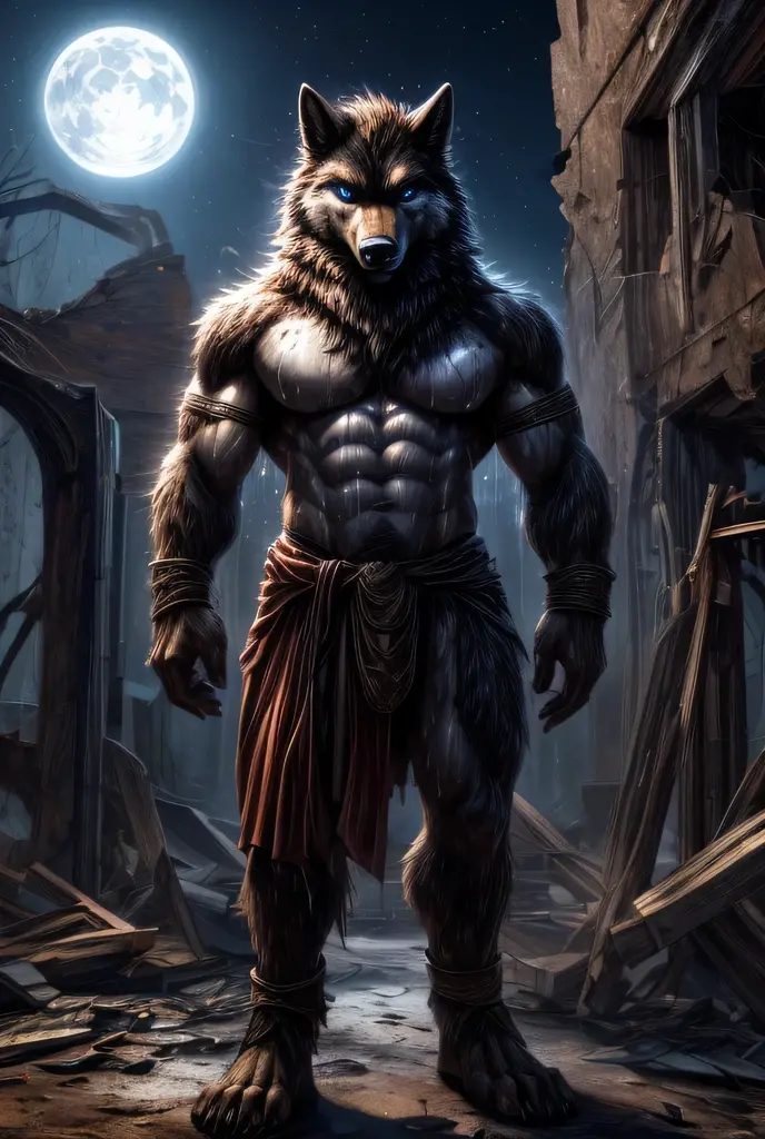 A legendary black lion dragon,sexy,with background,high, slim and well defined body,some medium white horns ,blue eyes, elegant long hair,stylish goatee, ((very horrible and very worn brown loincloth)),(bottom:at night in a forest,a bright moon, Shadows,The legendary black lion dragon is lying on its front displaying its entire well-defined body in the grass. ,and around it some very old destroyed rocks,serious face, marrying his well defined body),(((bathed in sweat all over his well-defined body))),(((no type of accessories or objects on your well-defined body))),(((that does not cover his chest and six pack