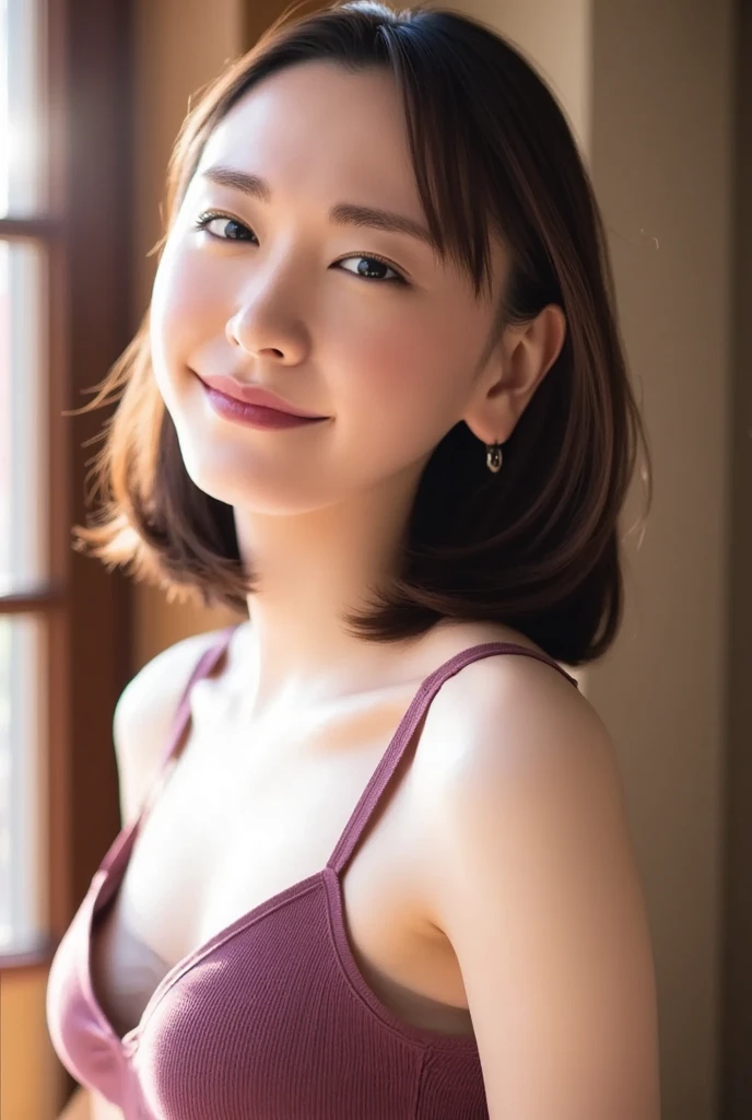 Top quality, 1 beautiful woman, super short Hair, shy Smile, wearing tanktop, From Above