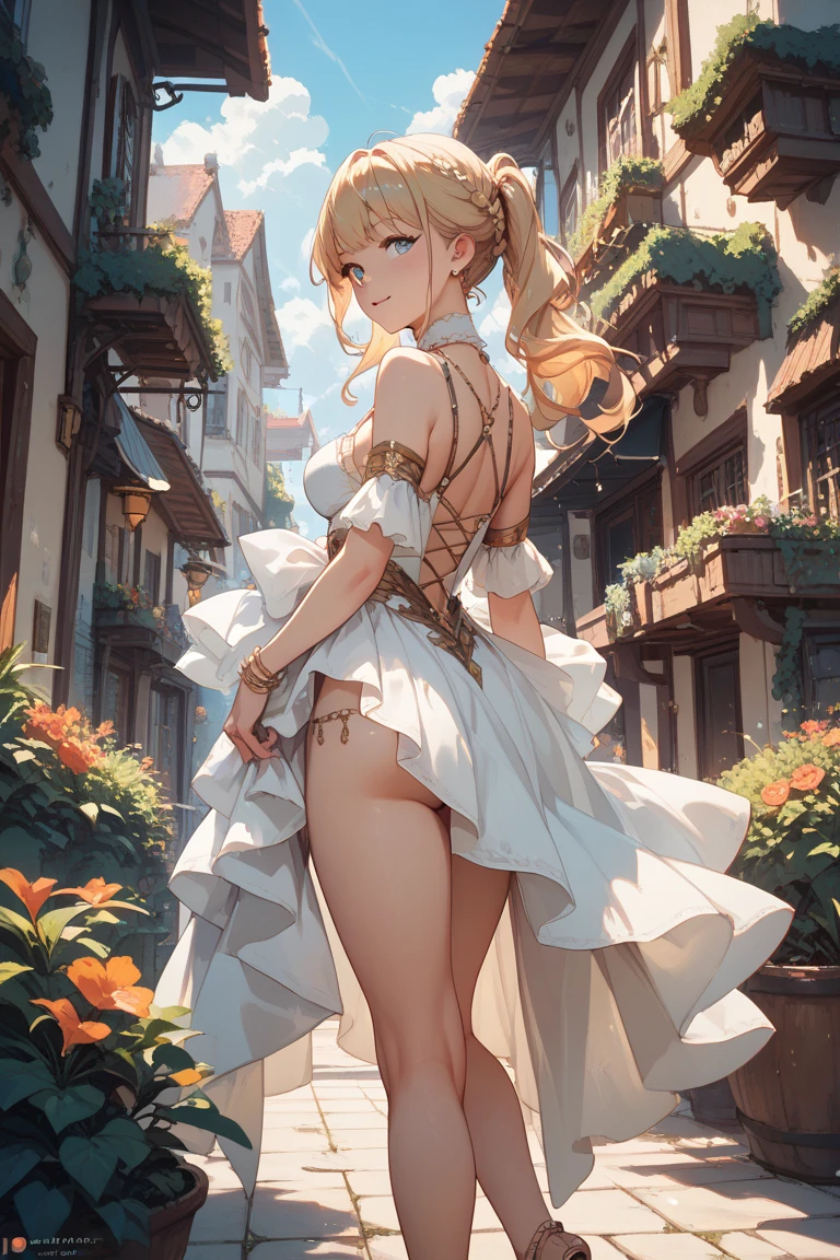 8K, 4k, highest quality, High resolution: 1.2), (masterful, realistic, photoreal: 1.4), three women, beautiful face, she is crying、Shining Lipin Eyes, beholder, Fair skin, white skin: 1.5), Fine complexion, big, big, blonde hair color、bangs, , both sides up,, young, s asack-view、big ass、super breasts、H cup、lower hair、standinian hair、Horns grow from the head、Rear view、exposed nipples、T-back that digs into the buttocks、T-back lingerie、wear a white thong、white langerie、emphasize the buttocks、Harem、Long ears like elves、armor、armor、Equipped with a sword and shield