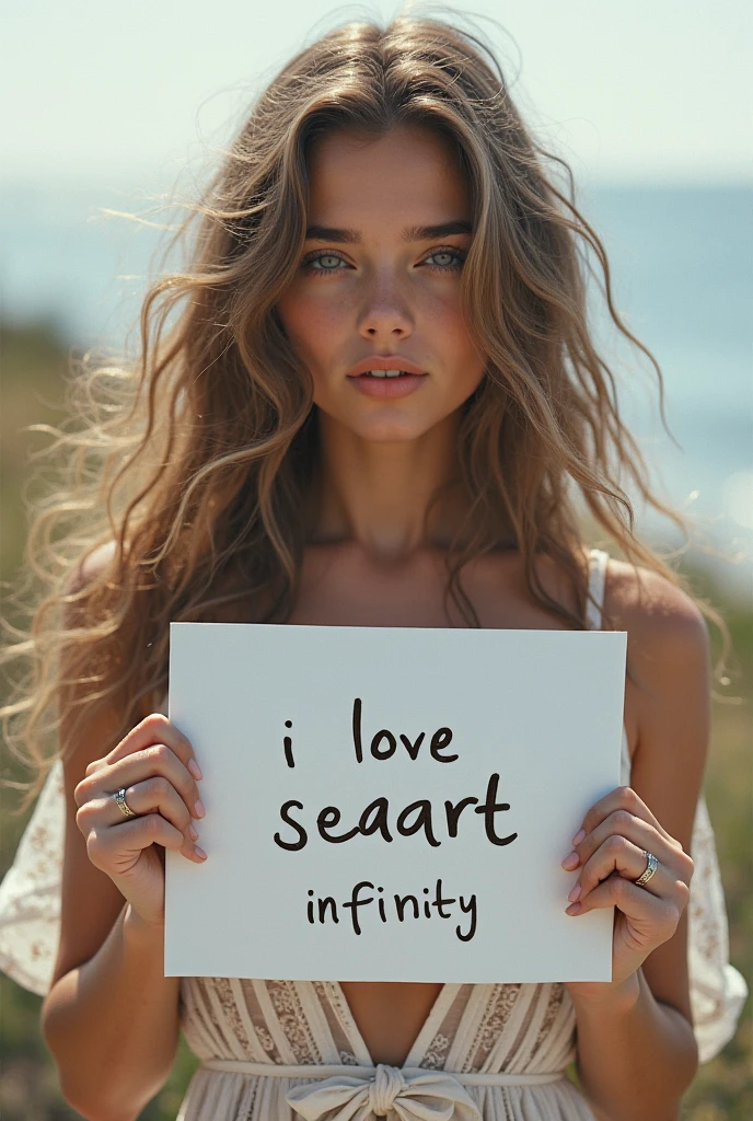 Beautiful lonely sad boy with wavy long hair, bohemian dress, holding a white board with text "I Love Seaart Infinity" and showing it to the viewer