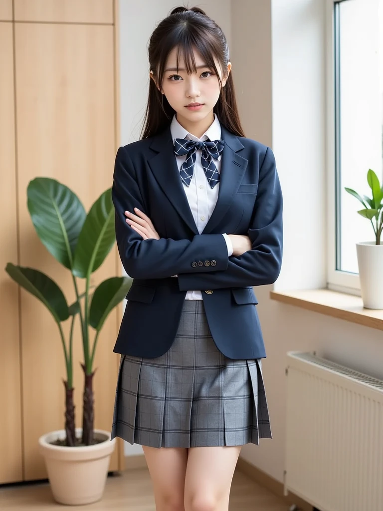 beautiful and delicate girl, very detailed eyes and face, beautiful detailed eyes, huge file size, very detailed, high resolution, very detailed, best quality, masterpiece, (((school classroom)), (((simple blazer))), (((pleated skirt))), (((The skirt and tie pattern is a check pattern..:1.3))), very detailed, CG, 8K wallpapers, amazing, fine details, masterpiece, ((best quality)), very detailed CG uniform 8K wallpapers, my face shines, cinematic lighting, 1 woman, 16 years old, (((dynamic pose))), (camel toe), (half), ((pantyhose)), ((Sit with your knees bent and your legs crossed)), ((whole body)), ((Lift your skirt to show your panties:1.5)),