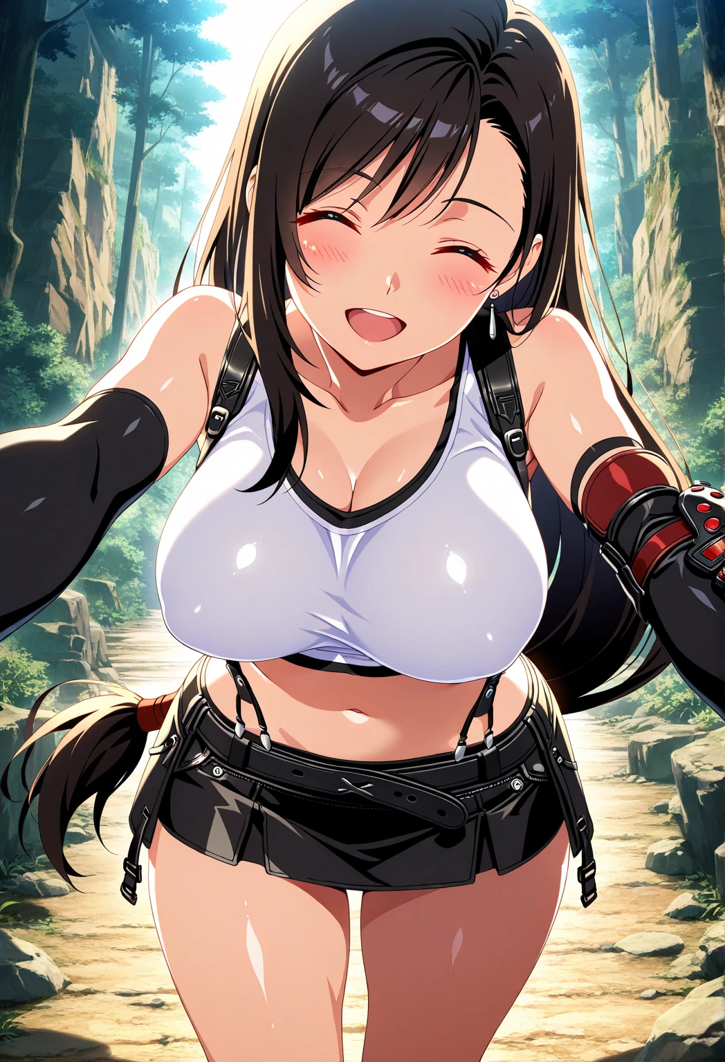 anime_source, (masterpiece), best quality, expressive eyes, perfect face, 1girl, score_9, score_8_up, score_7_up, 1boy, against tree, blush, bottomless, breasts, bush, closed mouth, clothes lift, cum, cum on body, cum on breasts, cum on hair, cum on face, cum on stomach, day, erection, facial, fingernails, forest, grass, hetero, looking at viewer, male pubic hair, nature, navel, nipples, one eye closed, outdoors, penis, plant, pov, projectile cum, sitting, smile, solo focus, tree, bare shoulders, black gloves, black hair, black skirt, breasts, pussy, clitoris, crop top, earrings, elbow gloves, elbow pads, fingerless gloves, gloves, jewelry, lips, long hair, red eyes, skirt, solo, suspenders, tank top, taut clothes, taut shirt, tifa lockhart, blurry background, cumshot, pussy juice