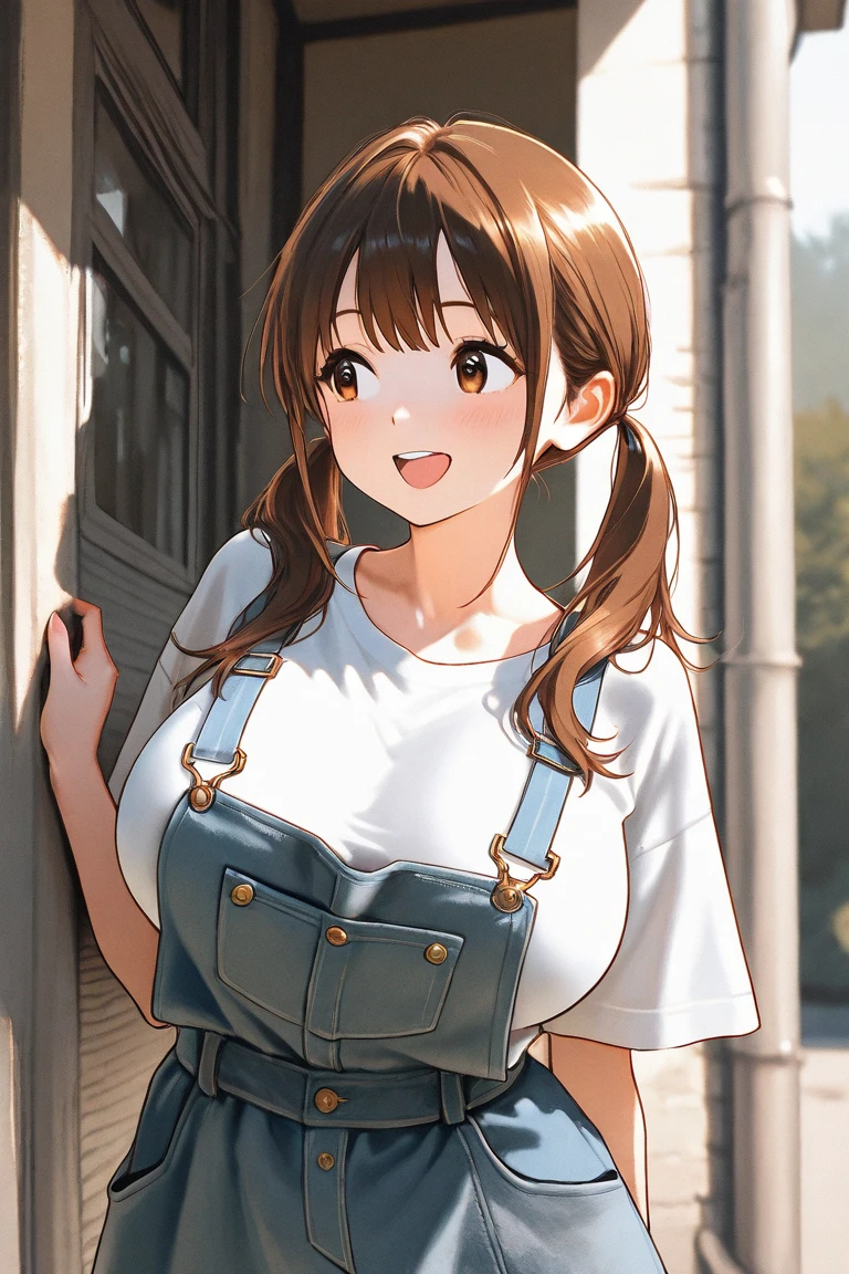 light brown hair beautiful young girl facing left, left side view, side ponytail, hand on chest, slightly blushed, looking up to the sky, large breast, black printed t-shirt with short skirt, natural lighting, dawn, feather ornament, anime style, portrait shot, 4k, masterpiece, high details, ultra details, high quality
