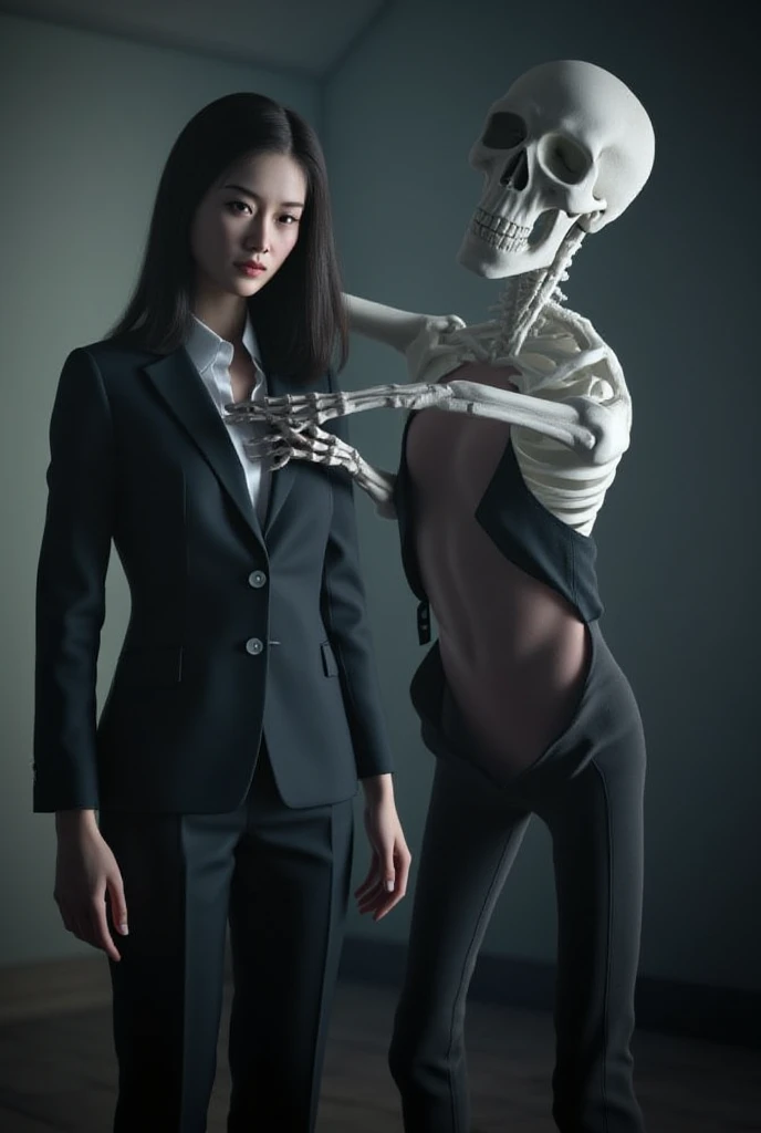 extremely thin woman,oily skin,The body very thin,Rib chest,Protruding sternum,The sternum obvious,Waist very thin,The ribs are noticeable,Protruding ribs,The pelvic protrusion very obvious,Clear outline of pelvis,The crotch protrudes,thin shoulde,Upper body,Waist very thin,Sunken abdomen,Abdominal muscle atrophy,Delicate arms,arm muscle atrophy,slender thighs,leg muscle atrophy,hunger,Wear tight leather pants,Short hair details,asian face,Haggard expression,Excessive weight loss,sunken face,Severe malnutrition