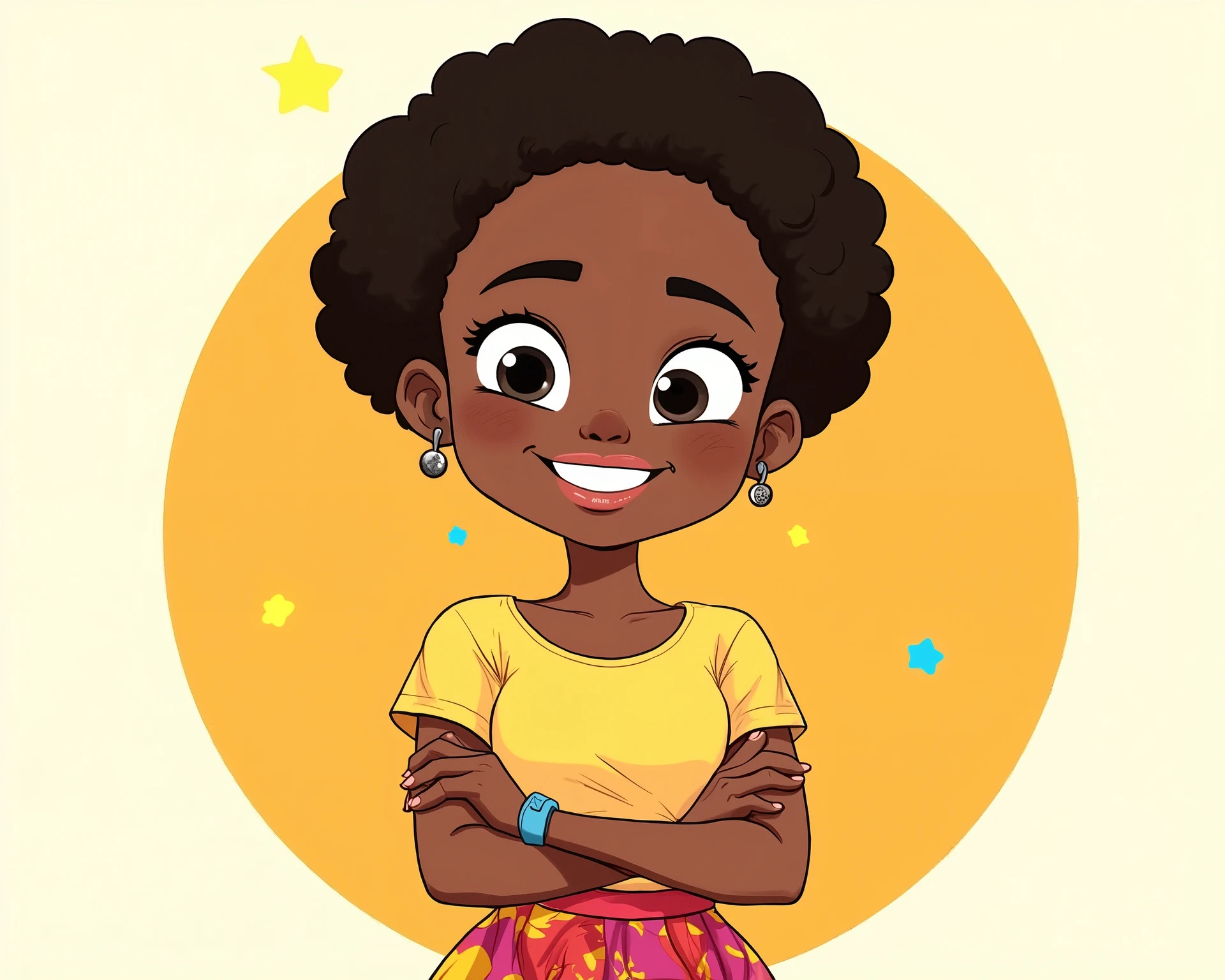 A Nigerian girl, standing, smiling, harms folded. Wearing casual short gown dress. Cartoon illustration, flat color vector, full body view
no background