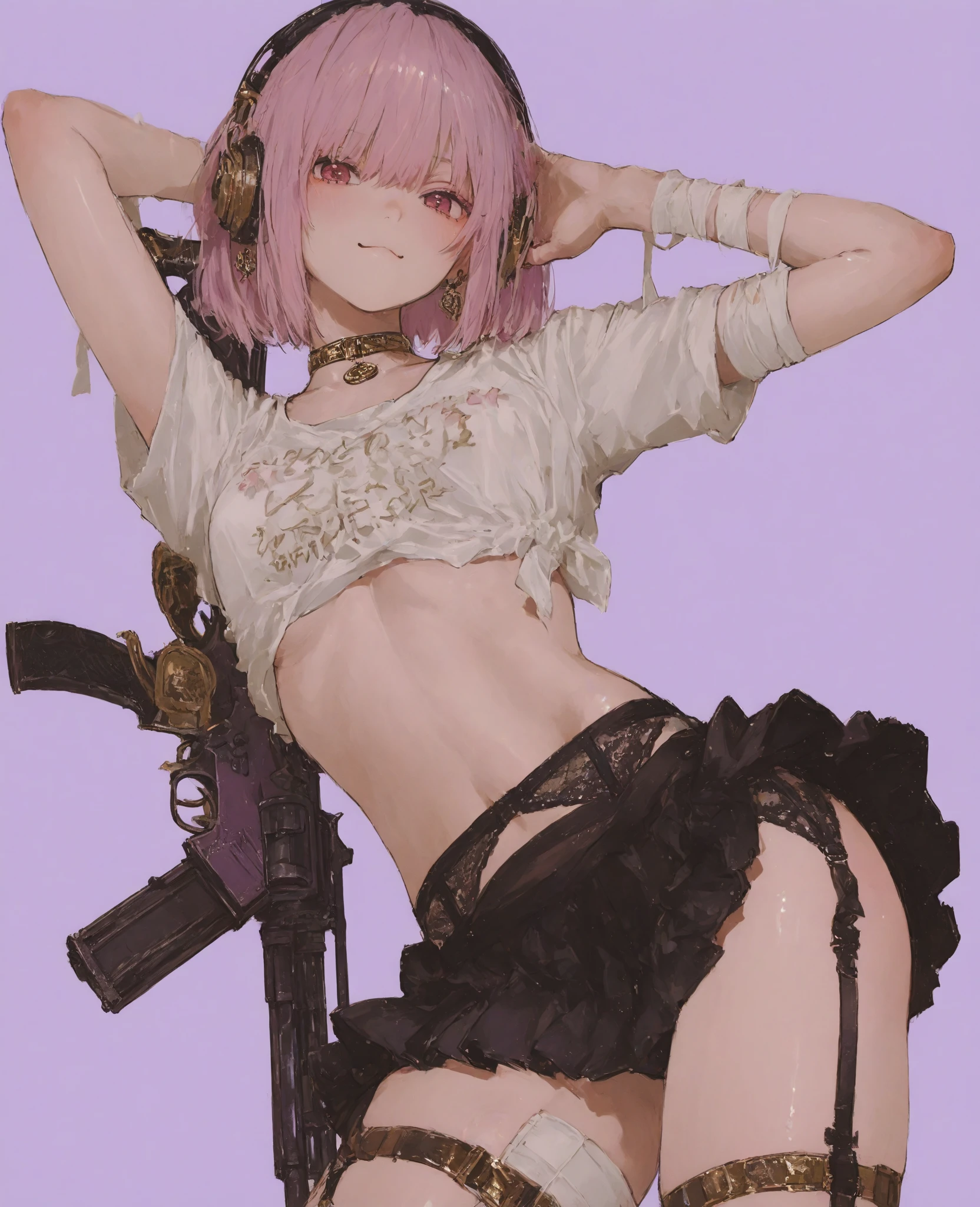 masterpiece, highest quality, pretty girl, 16 , Scrunchie hair ornament, Twin tails,denim pencil mini skirt,hoodie, Patterned stockings, Leg belt, necklace, skinny , Pink and black bra,((showing off lace panties)),sword,knife,Japan holding a sword,Assassin,