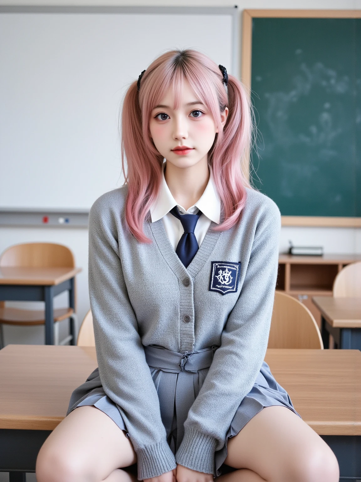 masterpiece, best quality, 1girl , standing, school uniform, pantyhose, cowboy shot, small breasts, classroom, twintails, sitting,  pink hair
 <lora:pzyk_v2-000006:0.7>