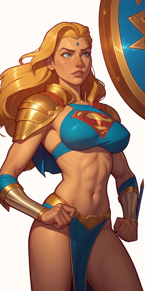 (best quality,4k,highre),illustration,blonde  woman lunging towards the camera with a powerful punch,  her fist extended toward the camera.  She wears Dark blue armor with gold trim, v neck, cleavage,  Norse helm. Detailed hands. Thumbs showing.  Legs covered. 