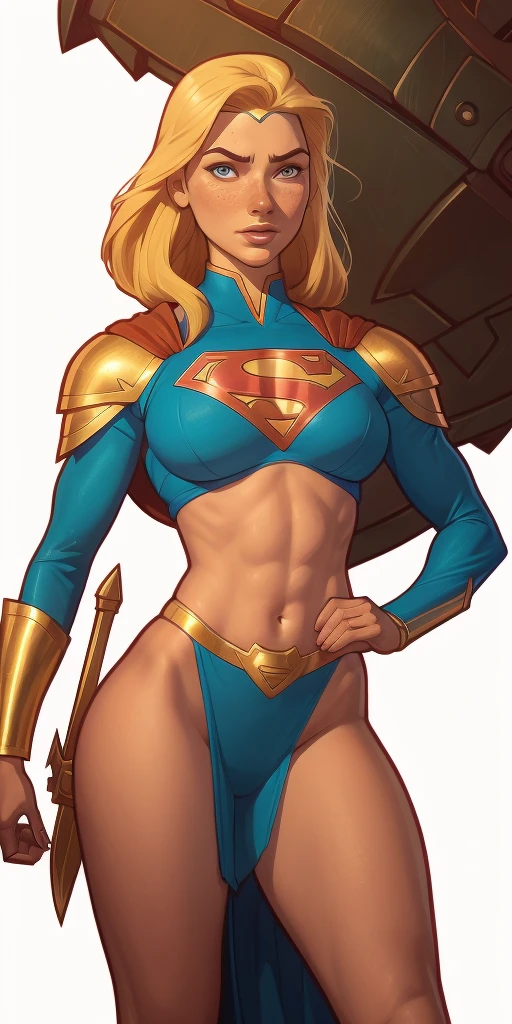 Blonde girl with short hair, blue eyes, wearing paladin armor, blue metal with yellow outline, armor with iron breasts, wearing a red cape and golden shoulder pads, wearing A strappy red skirt, thick thighs, blue metal armor