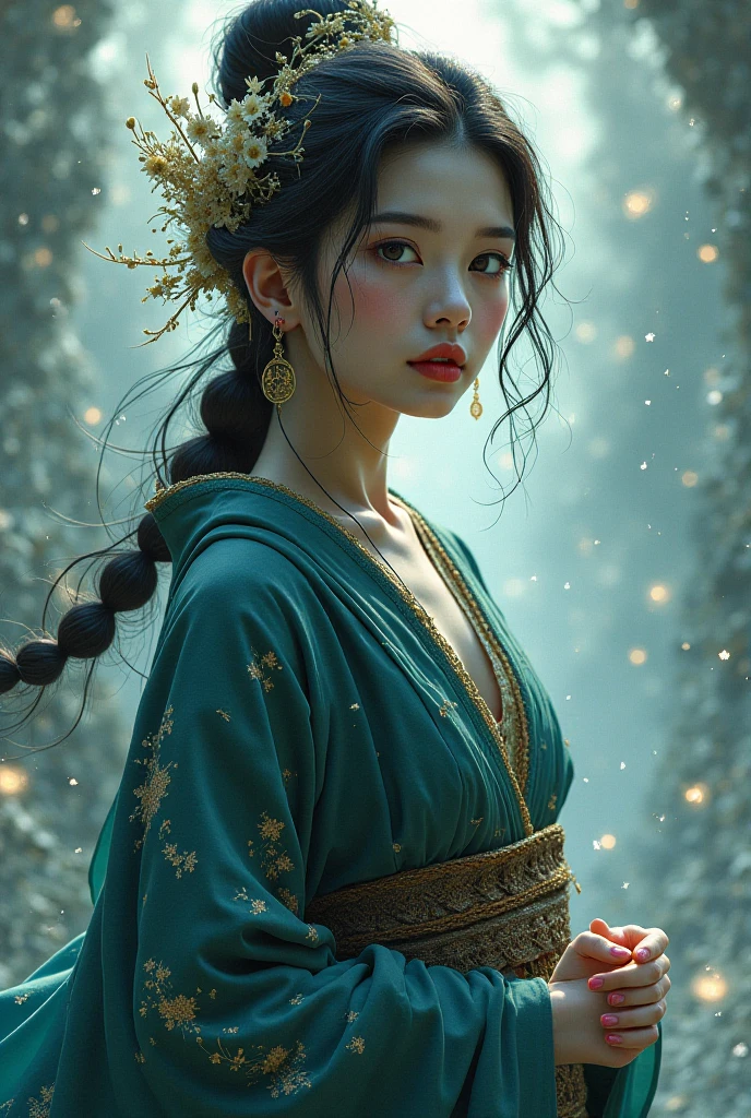 <(best quality, extremery best quality, masterpiece:1.4), (realistic, intricate details:1.4), (photorealistic:1.4), (extremely intricate:1.4), highres, ultra highres, ultra detailed, ultra-detailed, absurdres, incredibly absurdres, extremely detailed, high quality, high resolution, hyperrealistic, ultra-realistic, hyper-detailed, top quality, best, fine detail, massive detail, Highly detailed, extreme detailed, highest detailed, high-res, absolutely resolution, reflection, (refraction:1.4), (hyperrealism:1.4), ultra realistic details, highly intricate details>, BREAK, (1girl:1.3), solo, looking at viewer, (young cute beautiful 18-year-old girl:1.4), 3d face, (hand of Guido Daniele:1.4), beautiful girl, Beautiful face, pretty, girlface, kpop idol, supermodel, stunning innocent symmetry face, perfect body, medium breast, slim waist, slim legs, (high detailed skin:1.5), glowing eyes, goddess, natural skin texture, shiny skin, White skin, Beautiful detailed face, detailed face, real skin texture, cute delicate face, finely detailed face, golden ratio, golden ratio face, expressive eyes, perfect face, perfect skin, flawless face, clear face, shiny hair, pale skin, Proper body proportion, perfect anatomy, realistic skin texture, luscious lips, glossy lips, natural makeup, beautiful bright pupils, slender figure, intricate eyes, detailed pupils, detailed face and eyes, longeyelashes, blush, good hand, perfect hands, pretty face, beautiful female bodies, finely detailed skin, oily shiny skin, clean facial features, an extremely delicate and beautiful, cute & girly, beautiful detailed eyes, stars in the eyes, detailed simmetric eyes, perfect smooth skin texture, BREAK, (((((brilliant colors, (joshua middleton comic cover art, theater dance scene, hypermaximalist, ink painting, instagram contest winner, model pose, fashion color scheme, trending on cgsociety, playful illustrations, imaginative overlays, artistic fusion, fantastical scenes, evocative narratives, striking visuals:1.3), (Glowing ambiance, enchanting radiance, luminous lighting, ethereal atmosphere, mesmerizing glow, evocative hues, captivating coloration, dramatic lighting, enchanting aura:1.2), (moon, palace, Hibiscus, nymphaea, plum blossoms, a girl in hanfu, melanchonic soft light, photorealistic faces, moody lighting:1.4), (night, Night time, moon light, Golden Hour, sky, landscape, stars, starry, galaxy sky, milky way, night sky full of stars:1.2), (dancing, mountain, river, old tree, Ribbon, Elegant, She soared through the air in her flowing dress and fluttering ribbons, Graceful and graceful, pine trees, birds, moss, there is orange cat sitting near girl:1.2), (hanfu, ornaments detailed, traditional clothes, braids, water, jewelry, chinese clothes, earrings, sash, long sleeves, tree, petals, hair ornament, floating hair, dress, rock, falling petals, flower, chinese traditional architecture, ancient art, chinese style, Chinese, lake background, chinese buildings, misty lake, ancient chinese background, after the rain, wet grass and trees, waterfall, flying splashes, flying petals, leaves, bloom, bloom effect, surrounded by heavy floating petal flow, petal, leaves falling from the tree, peaceful atmosphere, mountainous backdrop, authentic cultural experience, quiet whispers, hushed conversations, tranquil silence, crisp air, soulful melodies, a sense of belonging, bonding with nature, quiet reflection, random patterns, energetic movement, bold colors, dynamic texture, spontaneous creativity:1.2), (smile, blush, Pink hair, Pink eye, long hair, Pink eyelashes, Pink lips, Pink lip colour, Eyes glowing Pink, flat bangs, happy expression, warm smile, cute smile, smiling:1.4), (long_hair, mountain background, forest, river in background, landscape, water reflection, outdoors:1.3), (mountains, breeze, dust is drifting, ethereal, scenery, nature, mysterious background, fog, wind:1.2), (iridescent colors, Iridescence, mysterious, fantasy background, fantasy, open mouth:1.2), (Luminescent Particles:1.3), (fullbody:1.2), (eye focus, face focus, character focus, close-up face:1.2), (dutch angle, cowboy shot:1.3), colorful refraction)))), BREAK, <hyper realistic DSLR photo, Nikon D5, cinematic portrait, portrait, ultra sharp, analog film photography, film emulation, bokeh, blurry noise background, watercolor, available light, detailed light, volumetric fog, beautiful lighting, Rembrandt lighting, Cinematic, pixel art, game art, key visual, surreal, PBR Texturing, Anisotropic Filtering, Maximum Clarity And Sharpness, Albedo And Specular Maps, Multi-Layered Textures, Surface Shading, Sub-Pixel Convolution, Sub-Pixel Convolution, Accurate Simulation Of Light-Material Interaction, blurry foreground, broad light, volumetric light effect, matte painting, perfectly defined features, volumetric lighting, Tone Mapping, Lumen Reflections, Global illumination, Ray Tracing, Screen Space Global Illumination, Accent Lighting, 32k, Natural Lighting, volumetric, cinematic masterpiece, Rule of thirds, high dynamic range, Multi-exposure HDR capture, cinematic render, game cg cinematic, atmospheric perspective, movie scene, epic dynamic frame, motion blur, ((cinematic look, Film look)), rim light, 4k textures, adobe lightroom, photolab, insane details, hyperdetailed, exposure blend, professional color grading, professional color correction, aerial perspective, particles and dust in beams of light, cinematic scene, dynamic lighting, sharp details, lomography, soft focus, light leaks, bold hues, atmospheric depth, (explosive light and shadow:1.2), aesthetics, intricate designs, ultra realistic digital art, (zentangle, mandala, tangle, entangle), (fractal art), elegant, vivid colours, floating particles, particles, dramatic, epic, (ink drawing, oil painting detailed), RAW, huge filesize, extremery detailed CG, Photo, 8k uhd, cinematic atmosphere, trending on artstation, award-winning glamour photograph, highly detailed photo, official art, beautiful and aesthetic, unity 8k wallpaper, beautiful, highly detailed CG illustration, best illustration, intricate, Amazing, emotional, analog, painting, digital painting, concept art, Oil Painting, illustration, Classical art, Renaissance, Romanticism, Neoclassicism, Color Palette, depth and contrast, Vibrant colors, saturated, rich saturation, color harmony, vivid palette, concept-art, design style, detail character, concept render, colorful, analog photography, dreamy atmosphere, specular highlights, atmospheric lighting, (dynamic angle, dynamic pose :1.3), (shiny, clothes reflecting light, lens flare, bloom effect, light particle, lens glare:1.3), realistic light, realistic lighting, cinematic light, (cinematic lighting), light in the face, soft lighting, saturated colors, detailed background, sharp focus, 8k high definition, perspective, Master Composition, roughness, post-processing, soft shadows, realistic shadows, ambient occlusion, ray-tracing, subsurface scattering, photon mapping, physically-based rendering, octane rendering, unreal engine 5, ue5 rendering, Adobe After FX, dslr, RTX, Best character details, radiosity, sharp, antialiased, RAW photo, HDR, 8k, 4k, (((Photographed by Roger Deakins, using a RED Monstro 8K VV camera and a series of high-end lenses))), ((Hasselblad photography)), (film grain:1.4), Kodak portra 400, ((Fujifilm X-T5)), professional photograph, depth of field, caustics, Broad lighting, diffuse lighting, rim lighting, two tone lighting, textile details, visible pores, high resolution scan, professionally color graded, photographic reality, automatic white balance, best lighting, detailed shadow, high contrast, strong light and shadow>, (PureErosFace_V1:0.3), (ulzzang-6500:0.7), <lora:epiNoiseoffset_v3:2>, <lora:add_detail:0.7>, <lora:hipoly_3dcg_v7-epoch-000012:0.7>, (kbxll:0.7), <lora:more_details:0.7>, <lora:anxiang:0.55>