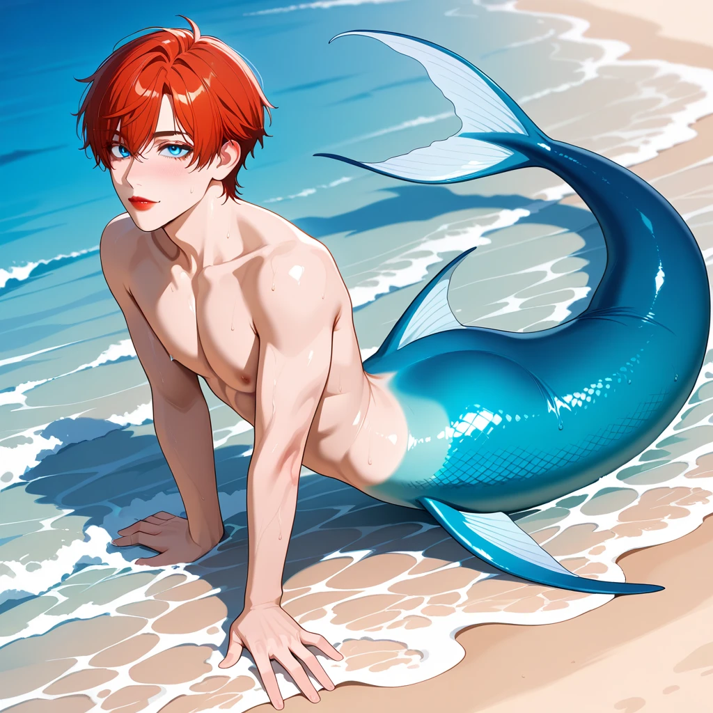 A male mermaid with red and white hair is sitting on the beach