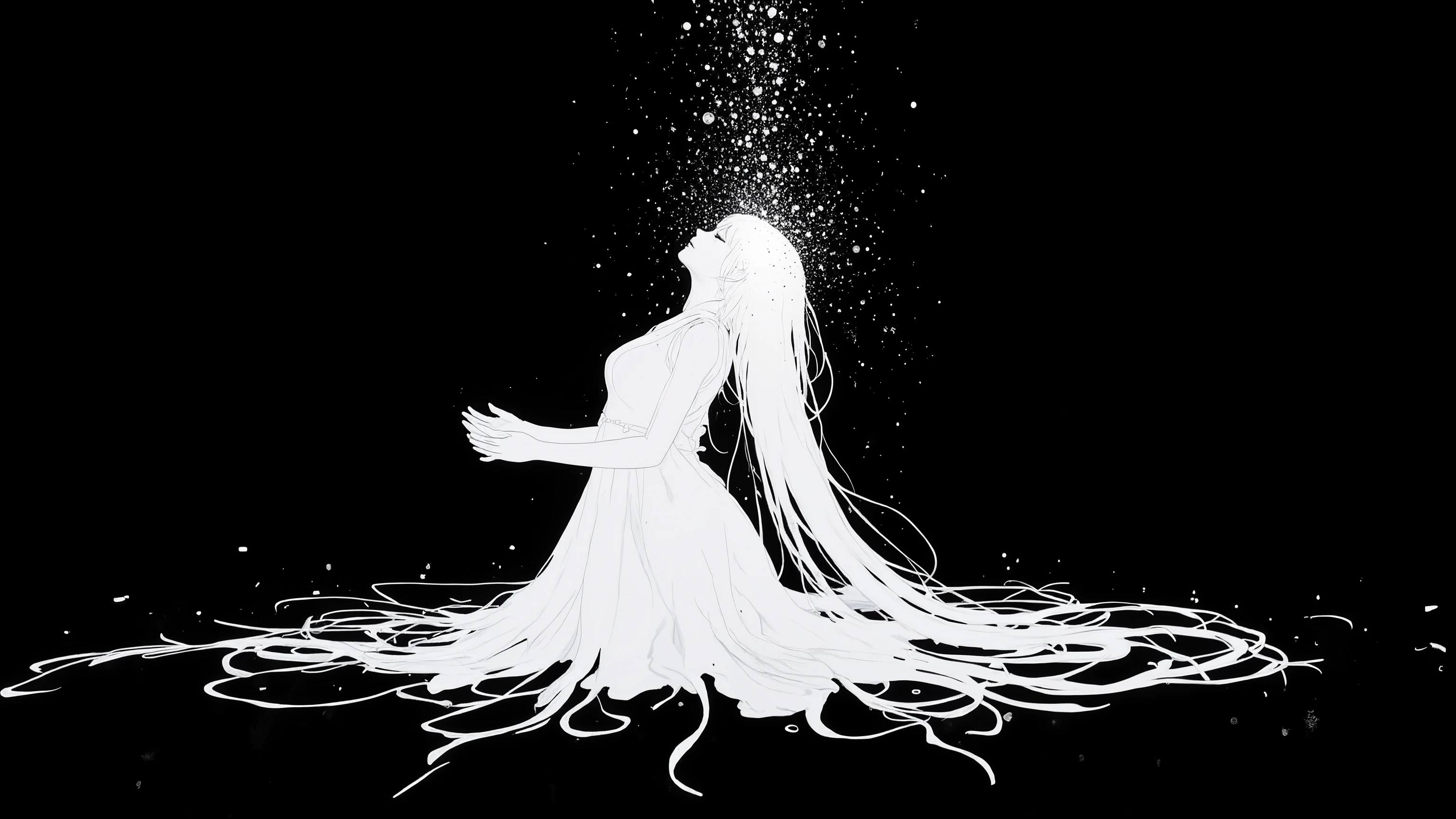a pale android girl kneeling in an infinite monochrome void, arms outstretched slightly with palms open as if trying to receive something that's no longer there, glitch particles rising upward like reversed snow, her head tilted back, eyes barely open, expression peaceful but lost, wires trailing behind like broken wings, faint glow outlining her silhouette, grayscale tones with soft blooming light, wide-angle from low perspective, evoking surrender, memory loss, and transcendental silence