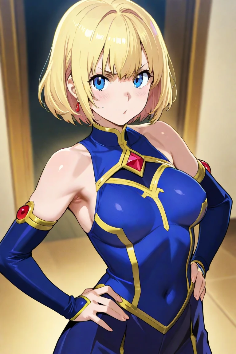 (masterpiece, official art), 1girls, solo, blonde hair, blue eyes, straight short hair, headband, luxanna crownguard, lux \(league_of_legends\), (blue tight full closed bodysuit, female mage armor), (closeup), (large breasts), teen, small breasts, (in bedroom, sitting on bed), looking at viewer, (upper body), smile, seductive, alluring attire, fit, slender