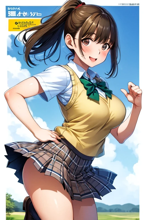 Cara detallado, Horse tail, Luan Loud face, Nsfw, skir ligt, mini skirt, micro skirt, micro panties, (masterpiece:1.4), (best quality:1.4), (high resolution:1.4), cartoon style, LuanLoud smile, brown hair, pale skin, cowboy shot, white shirt, yellow mini skirt, looking at viewer, detailed face, detailed eyes, small breasts, curvy, ribbon, cola de caballo, buckteet, cuerpo femenino artstation, frontal, dynamic pose, solo, 1girl, Nsfw, No panties, Nude pussy