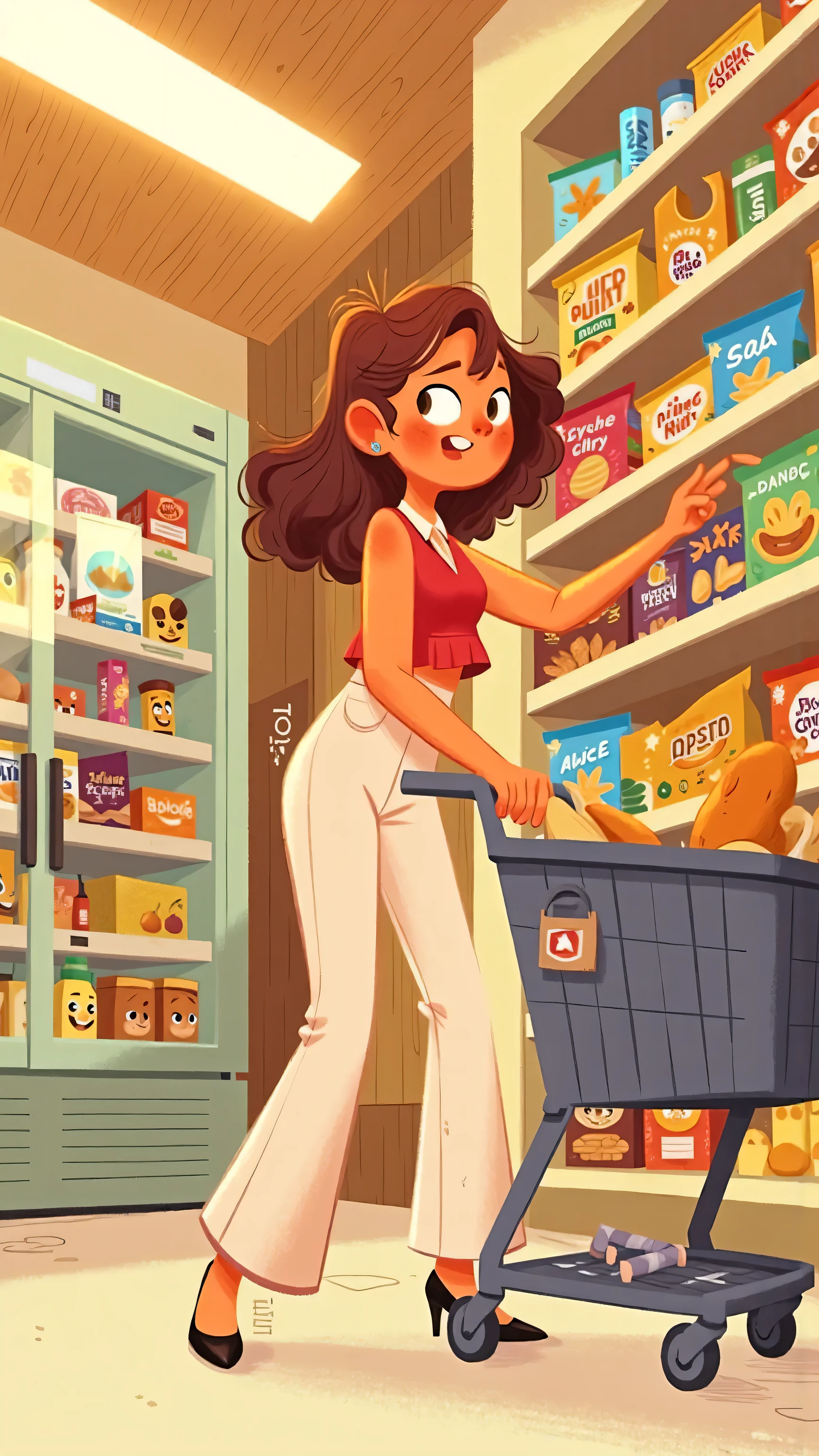 Medium shot camera。A stylish sexy young woman(Long brown wavy hair is naturally flowing,Brown eyes, yellow skin)Wearing a red sleeveless vest and high-waisted white flared pants,black high heels;Trying to grab snacks from the upper shelf;grey oversized shopping cart(There are already colour-wrapped potato chips and fruit in the car)。 background is(3-tier metal rack filled with snacks(The background of Japanese rice crackers/ Chocolate Bars /Puffed food),The price tag uses a rounded cartoon font)。 The LED light strip on the ceiling forms a highlight spot on the package,refrigerator glass reflection reflects blurry figures。Main color: warm white (60%)+ wood color(25%)+ Highly saturated color block for snack packaging(15%)。Simple illustration style、cute,Inspired by anime,creates a warm and warm atmosphere。
