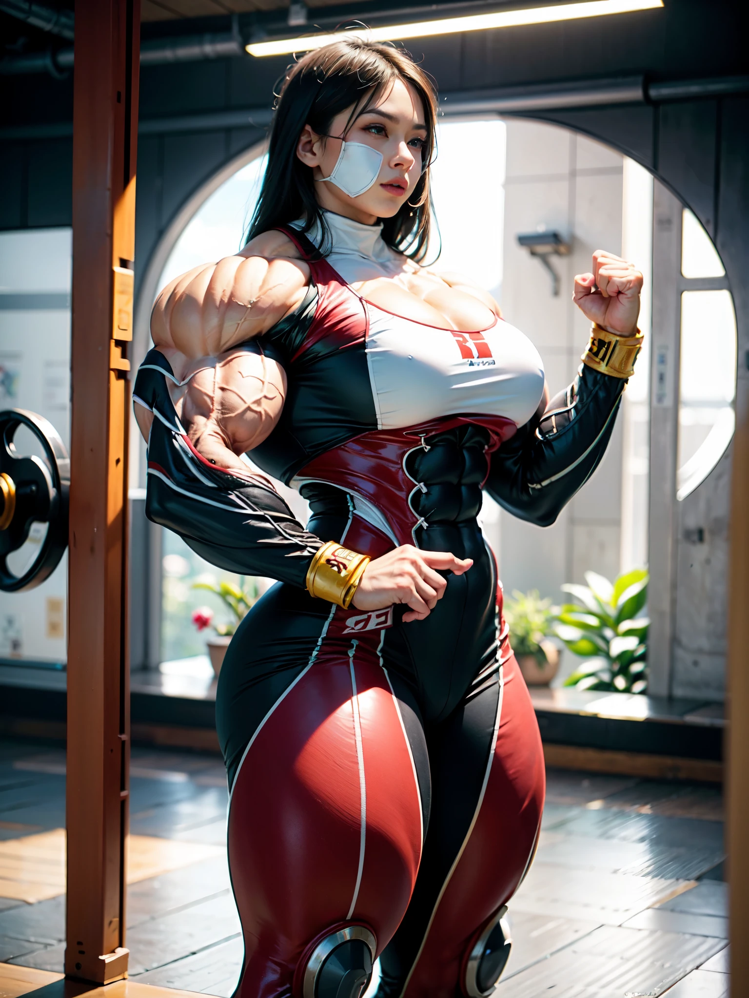 (Muscular:1.9), (thick thighs:2),
(one asian female:1.5), long black hair, blunt bangs, (big smile:1.4), (flat chest:2),
eyeshadow, lipstick, (orange bodysuit:1.6),
looking at viewer, (three quarter view), (upper body view),
dark bedroom, rim lighting, detailed skin, detailed eyes