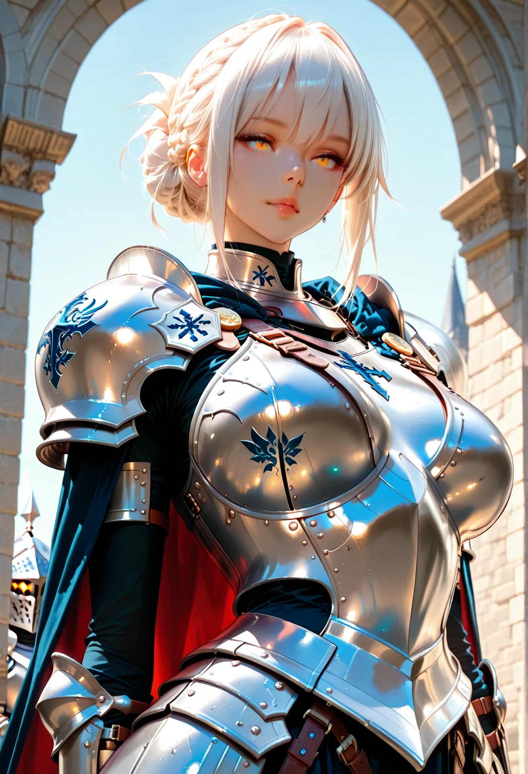 A (full body:1.3) shot at 8k resolution, splash art, fantastic comic book style,
(female knight:1.0), (female maiden:0.9), (green eye:1.2),(hair braid:1.1), (short hair:1), (straight silver Hair, ecstatic:1.5),
(insanely detailed, bloom:1.5), red rose,
(highly detailed with armor:1.3), (golden details:1), (engravings in armor:1.1),
(boob armor:1.1), (flowerly details in armor:1.1), (patterns in armor:1.1)
(beautifull dress:1.1), (armor dress:1.1), (Multiple Layer Stitched:1.1), (heavy armor:1.1),
(fabric with intricate pattern:1.1), (armor with intricate pattern:1.1), (engravings with intricate pattern:1.1),
(highest quality, Alessandro Casagrande,
Greg Rutkowski, Sally Mann, concept art, 4k), (analog:1.2), (high sharpness), (detailed pupils:1.1), (painting:1.1), (digital
painting:1.1), detailed face and eyes, Masterpiece, best quality, (highly detailed photo:1.1), 8k, (photorealistic:1.3),
perfect proportions,
By jeremy mann, by sandra chevrier, by maciej kuciara, sharp, (perfect body:1.1), realistic, real shadow, 3d, (light particles:1.0), (castle in the sky background:1.2), (by Michelangelo),
<lora:noelleGenshinImpact_noelleV010:0.7>,
(noelle:1.2), (noelle \(genshin impact\):1.2),
(AnaD:1.2),
(ana de armas:1.2),
(genshin impact:1.1),
<lora:aToZovyaRPGArtists_sd15V1:0.35>,
fantasy,
(missymuscle-8100:1),
ndc-8000,
speedl00ver-8000,
<lora:atomicHeartRobotMaid_001:0.4>