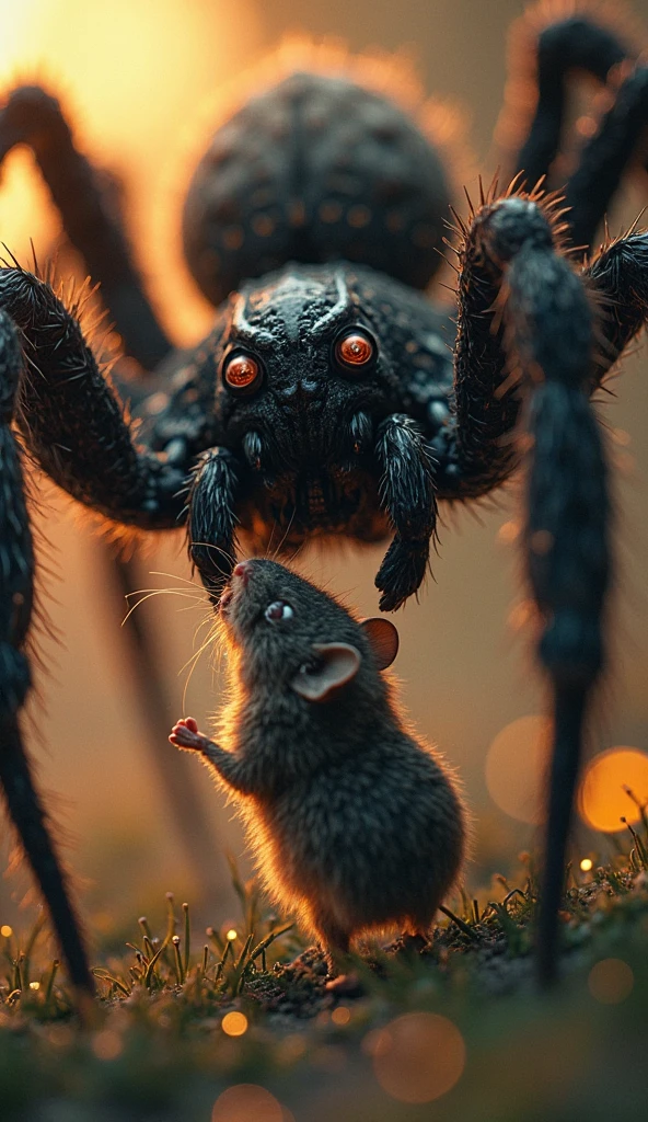 Tarantula standing on a dead rat that it fought