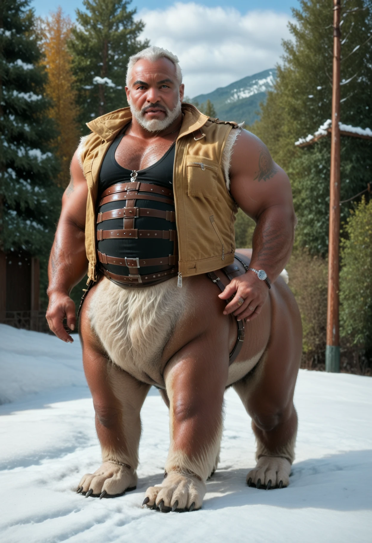 full body photography, professional studio, best quality, intricate details, mature, old, grandpa, virile, tough, plump, bulging, fuzzy white body hair