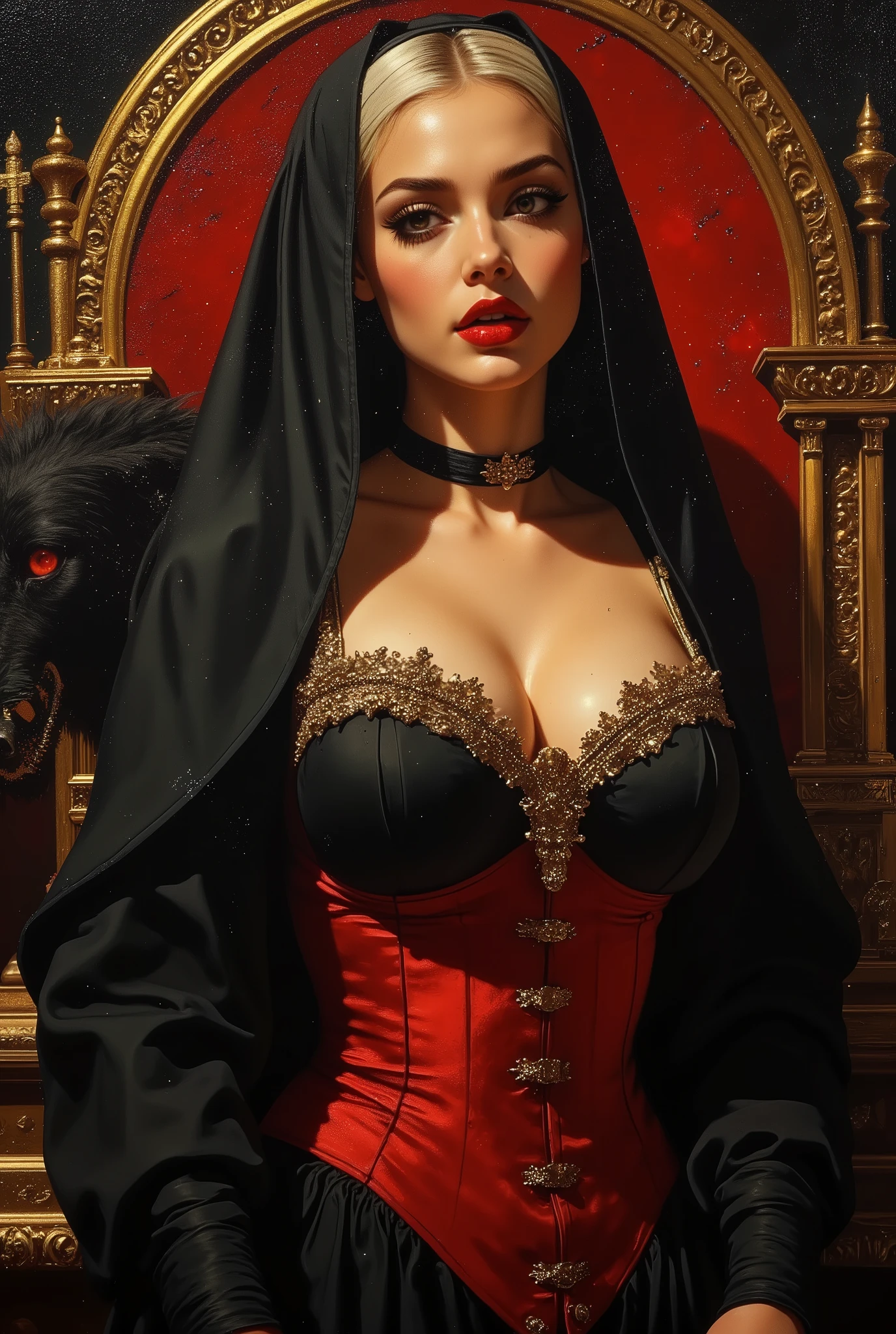 Mosaic painting a black wearwolf in background, oil painting with visible impressionistic strokes ,A gorgeous curvy woman (( look alike of Alline Haze ))as sexy nuns,in black nun outfit, golden designer, a full-body photograph, embroidery work black vail, revealing red corset latex , big breasts, deep cleavage, background of red devils church , she is praying to devil, 8k Ultra HD detailed photograph