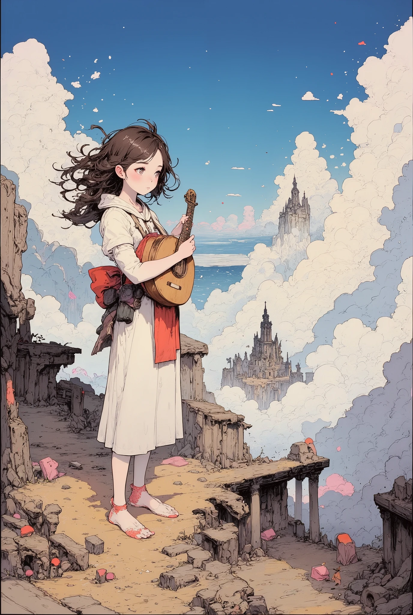 1girl, blushing, smile, high resolution, 4K, solo, detailed eyes, detailed cute face, puffy cheek, look for another side, sweat, ((brown hair)), middle breast, perfect brightness, Gravel Mountain, A female bard standing on top of the rubble, A world above clouds, Gravel Mountain, Ruins and remains of collapsed buildings, A desolate world view, A fantastical landscape with clouds, Morning Sun, A traveler-like atmosphere, Holding a lute, A temple on top of the rubble Stand, Looking into the distance, Hair and clothes fluttering in the wind, The rubble is gray or brown, The sea of clouds is a blue and white gradation, light and shadow, highly detailed fantastic art, widescreen of wisteria trellis in full bloom, multiview,