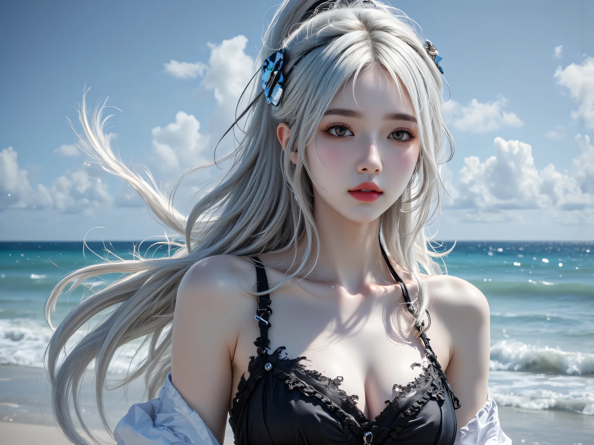 Photorealistic, High resolution, 1 Women, Solo, Beautiful eyes, look at viewr, Close lips, Detailed face, White hair, Long hair, black micro-bikini, thong,slender body shape