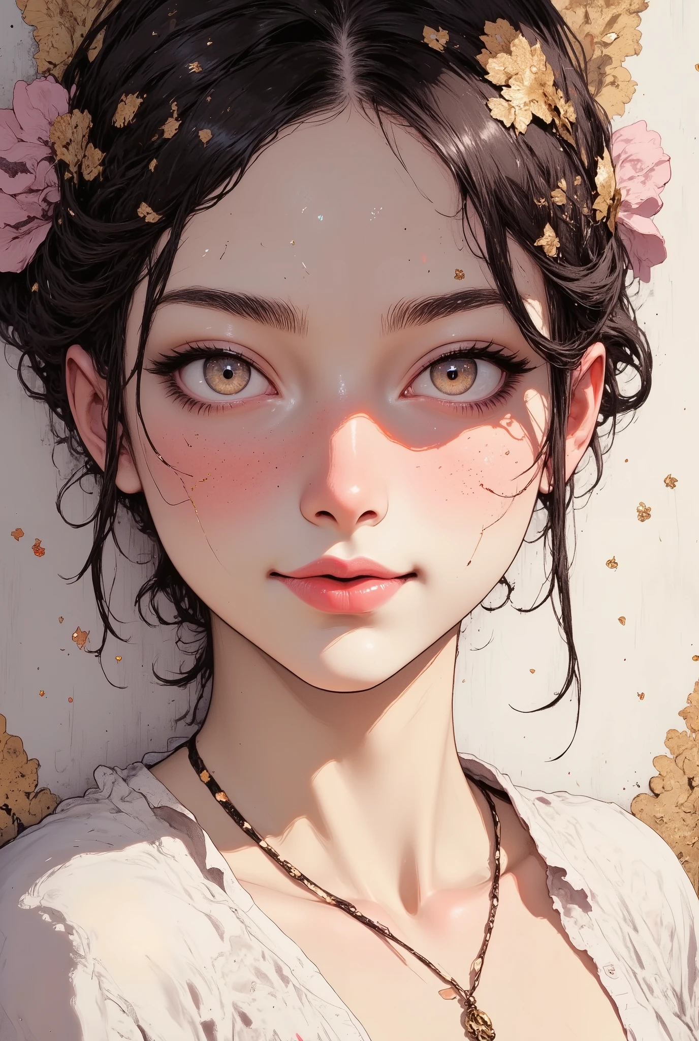 1girl, blushing, smile, high resolution, 4K, solo, detailed eyes, detailed cute face, puffy cheek, perfect brightness, ((Masterpiece in maximum 16K resolution):1.6), ((Gold leaf art illustration:)1.5), ((Gold Leaf Art):1.4), ((Wide angle painting):1.2) | ((Gold leaf art of beautiful female illustratition:1.5), ((Supermodel beauty with aquiline nose):1.6), (Award winning art), ((sense of desire):1.1), (shimmer), (visual experience), (Realism), (Realistic), award-winning graphics, dark shot, film grain, extremely detailed, Digital Art, rtx, Unreal Engine, scene concept anti glare effect, All captured with sharp focus. Rendered in ultra-high definition with UHD and retina quality, this masterpiece ensures anatomical correctness and textured skin with super detail. With a focus on high quality and accuracy, this award-winning portrayal captures every nuance in stunning 16k resolution, immersing viewers in its lifelike depiction. Avoid extreme angles or exaggerated expressions to maintain realism. ((perfect_composition, perfect_design, perfect_layout, perfect_detail, ultra_detailed)), ((enhance_all, fix_everything)), More Detail, Enhance.