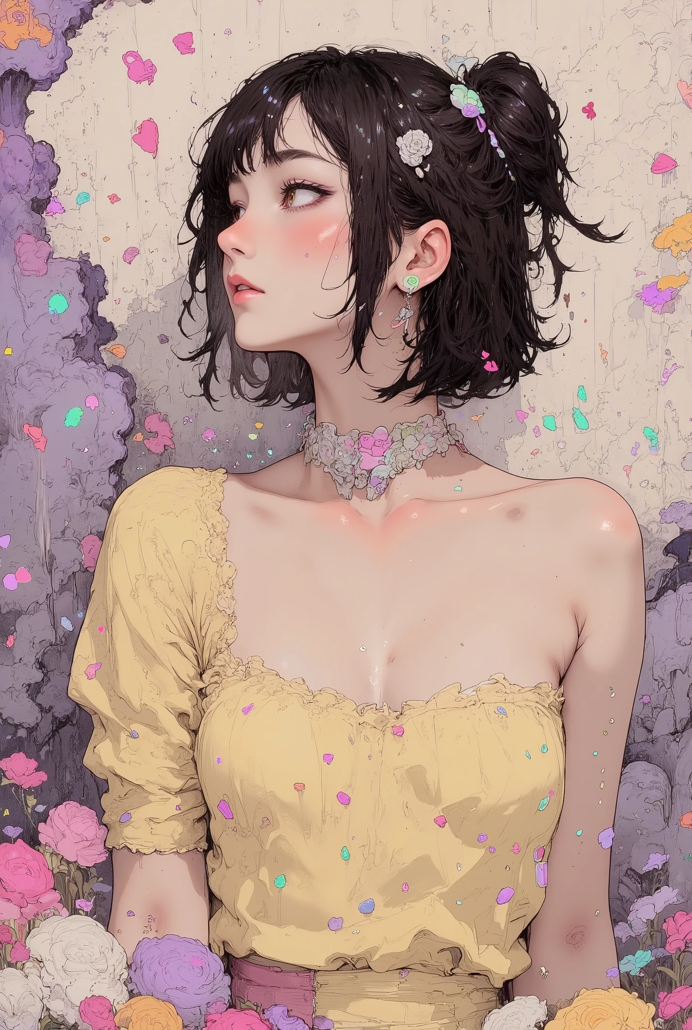 1 girl, detailed person, high resolution, 32K, realistic depiction, (((pale yellow off-shoulder blouse))), (masterpiece, highres, high resolution:1.2), (short hair:0.75), hairclip, (messy hair:1), choker, (earrings:0.1), necklace, (sidelocks), pink hair, (swept bangs:0.25), sidelocks, brown hair, (blunt bangs:1), (sidelocks:1.5), japanese, (((blushing))), solo, smile, big lips, perfect body, Please open your mouth a little, ((five fingers)), (Anatomically correct), ((big , big ass)), curve, (((Stylistically diverse))), detailed scenes, quirky twist, unique visuals, clouds, and flowers, abstract, surreal Painted light, Pastel colours, Isolated subjects,innocent colours, Soft Lighting, detailed and intricate environment, A masterpiece, tracing effects, oil painting aesthetic, heavy brush strokes, mystical allure, Oil painting Impressionistic, Impressionistic. Beautiful details, stylized art aesthetic, Broken Glass effect, stunning, something that even doesn't exist, mythical being, energy, molecular, textures, iridescent and luminescent scales, breathtaking beauty, pure perfection, divine presence, unforgettable, impressive, breathtaking beauty, Volumetric light, auras, rays, vivid colors reflects, (white backgriound : 1.4), (((Macro))), close up shot : 1.8, profile, (((side view))), from side,