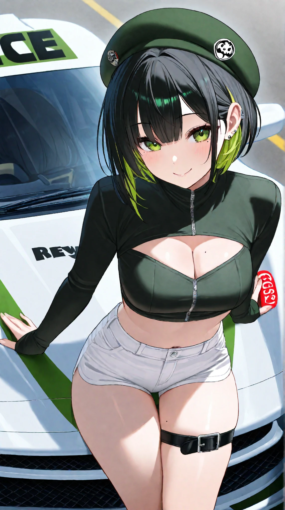 an asian woman with nice tits laying on her knees getting fucked, 1girl, masterpiece, best quality, ultra-detailed, unity 8k wallpaper, perfect anatomy, novel illustration, full color, (1girl,18 years old, dark green very short hair, dark green eyes, athlete, marathon runner, tan, sunburn, sky blue tank top, hot pants, laugh), drives, (SUZUKI Jimny:1.2), in mountain path, nipples, solo, breasts, nude, navel