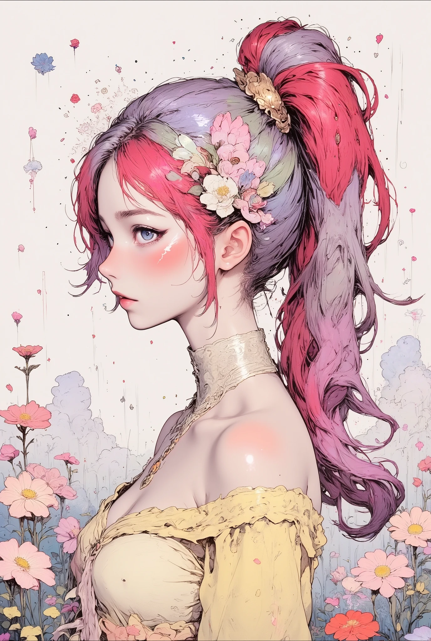 1 girl, detailed person, high resolution, 32K, realistic depiction, (((pale yellow off-shoulder blouse))), (masterpiece, highres, high resolution:1.2), (((Red and silver hair of two colors equally on both sides))), (low ponytail hair), choker, (earrings:0.1), necklace, japanese, (((blushing))), solo, smile, big lips, perfect body, Please open your mouth a little, ((five fingers)), (Anatomically correct), ((big , big ass)), curve, (((Stylistically diverse))), detailed scenes, quirky twist, unique visuals, clouds, and flowers, abstract, surreal Painted light, Pastel colours, Isolated subjects,innocent colours, Soft Lighting, detailed and intricate environment, A masterpiece, tracing effects, oil painting aesthetic, heavy brush strokes, mystical allure, Oil painting Impressionistic, Impressionistic. Beautiful details, stylized art aesthetic, Broken Glass effect, stunning, something that even doesn't exist, mythical being, energy, molecular, textures, iridescent and luminescent scales, breathtaking beauty, pure perfection, divine presence, unforgettable, impressive, breathtaking beauty, Volumetric light, auras, rays, vivid colors reflects, (white backgriound : 1.4), (((Macro))), close up shot : 1.8, profile, (((side view))), from side,